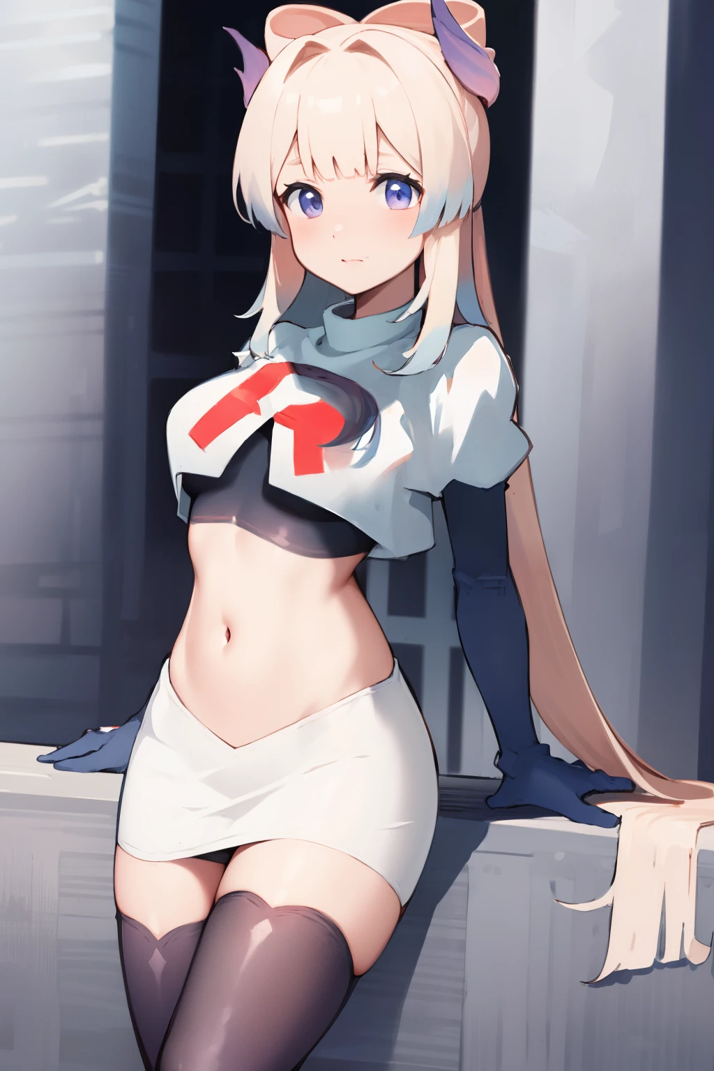 kokomidef, blush, short hair, looking at viewer, team rocket,team rocket uniform,white skirt,crop top,black thigh-highs,black elbow gloves,