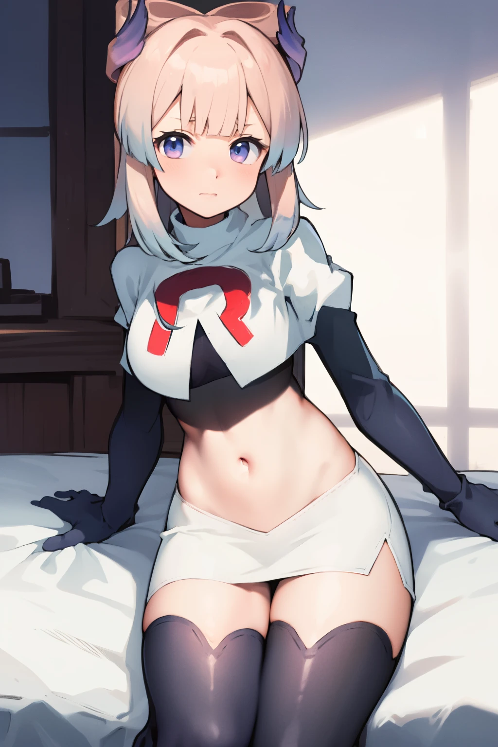 kokomidef, blush, short hair, looking at viewer, team rocket,team rocket uniform,white skirt,crop top,black thigh-highs,black elbow gloves,