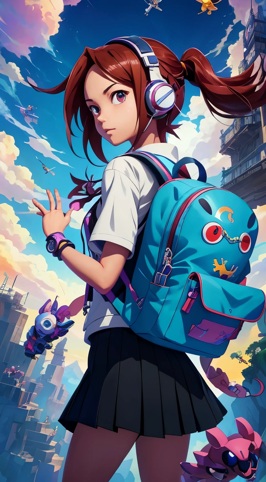 a school girl with a backpack and headphones flying through the air, mobile game art, official artwork, game art, official art, front cover of a new video game, game key art, digimon key art, high detailed official artwork, key art, cover game art, digimon anime key art, game art!!, anime key art, 2 d digital video game art
