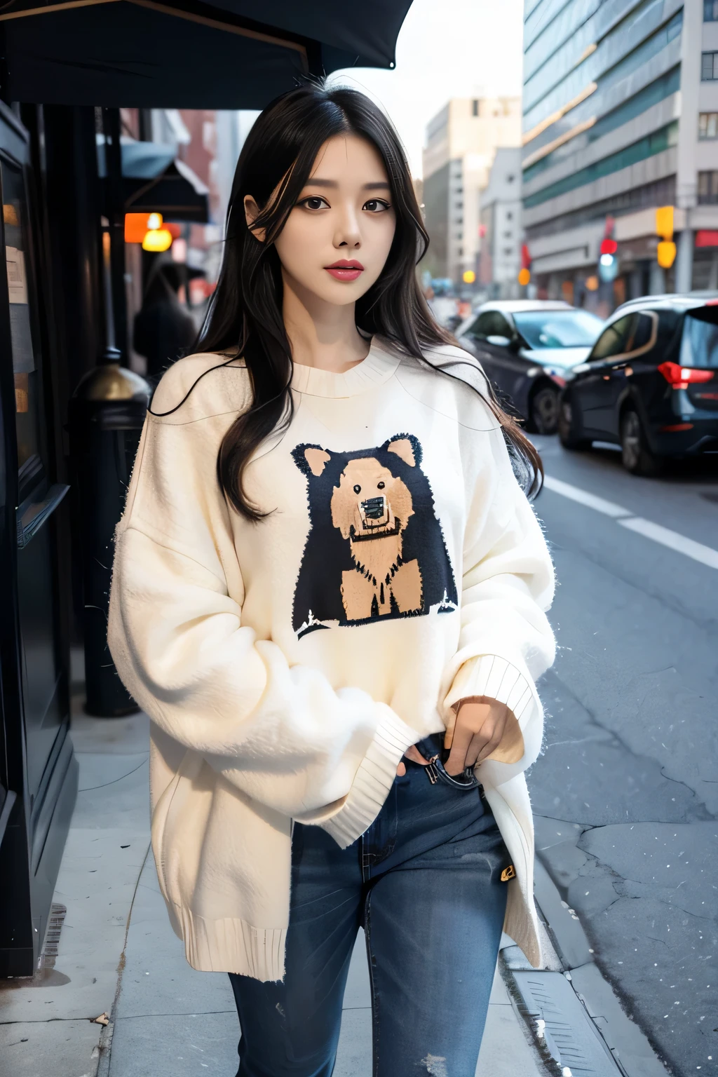 long black hair、28 year old female、Black-haired Sui Ishida、beautiful woman、In the cityscape、wears a sweater with a bear embroidered on it、