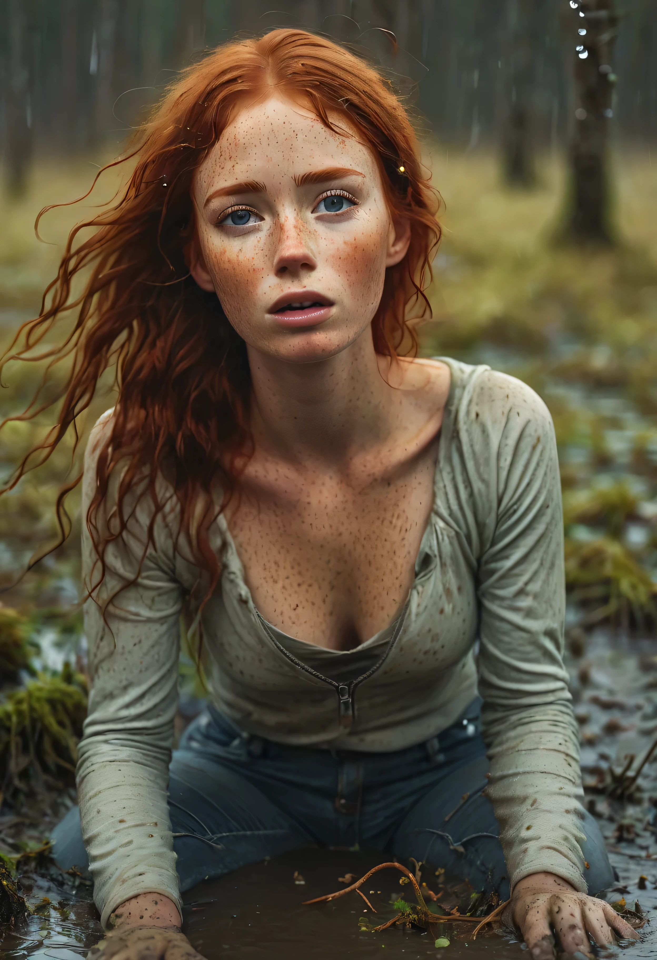 nordic cold nature, full body drowning,An exquisitely detailed photograph of a graceful red-haired girl with freckles, a scattering of freckles on the dewdrops of a beautiful face, with pointed features, a dreamy look of languid eyes and a slightly open mouth in an expression of euphoria. she is drowning in bog. She&#39;s wearing a wet T-shirt, tight-fitting chest, and (dirty muddy unzipped:1.3 jeans):1.2, embedded in the muddy bottom of the bog. Among tree stumps and trees entangled in thorny vines, a girl drowns in a dark swamp., desperately clinging to slippery snags with your fingers, but unable to overcome the viscous dno. Her face, thrown back to the sky, expresses a mixture of agony, shame and perverted pleasure from indulging in a dirty fetish. 