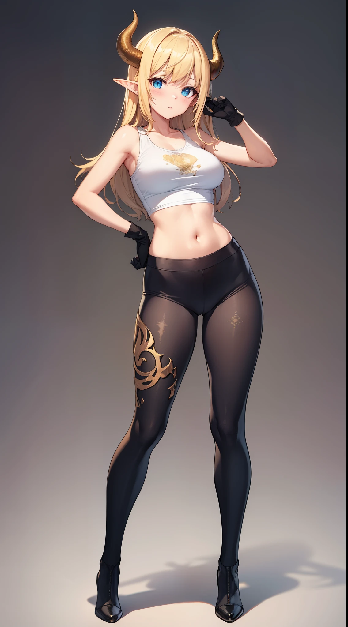 young demon woman, small waist, horns, long legs, huge breasts, golden hair, blue eyes, elf ears, tight short leggings, t shirt tank top printed, gloves, , hd, 8k, masterpiece, full body 1, white background