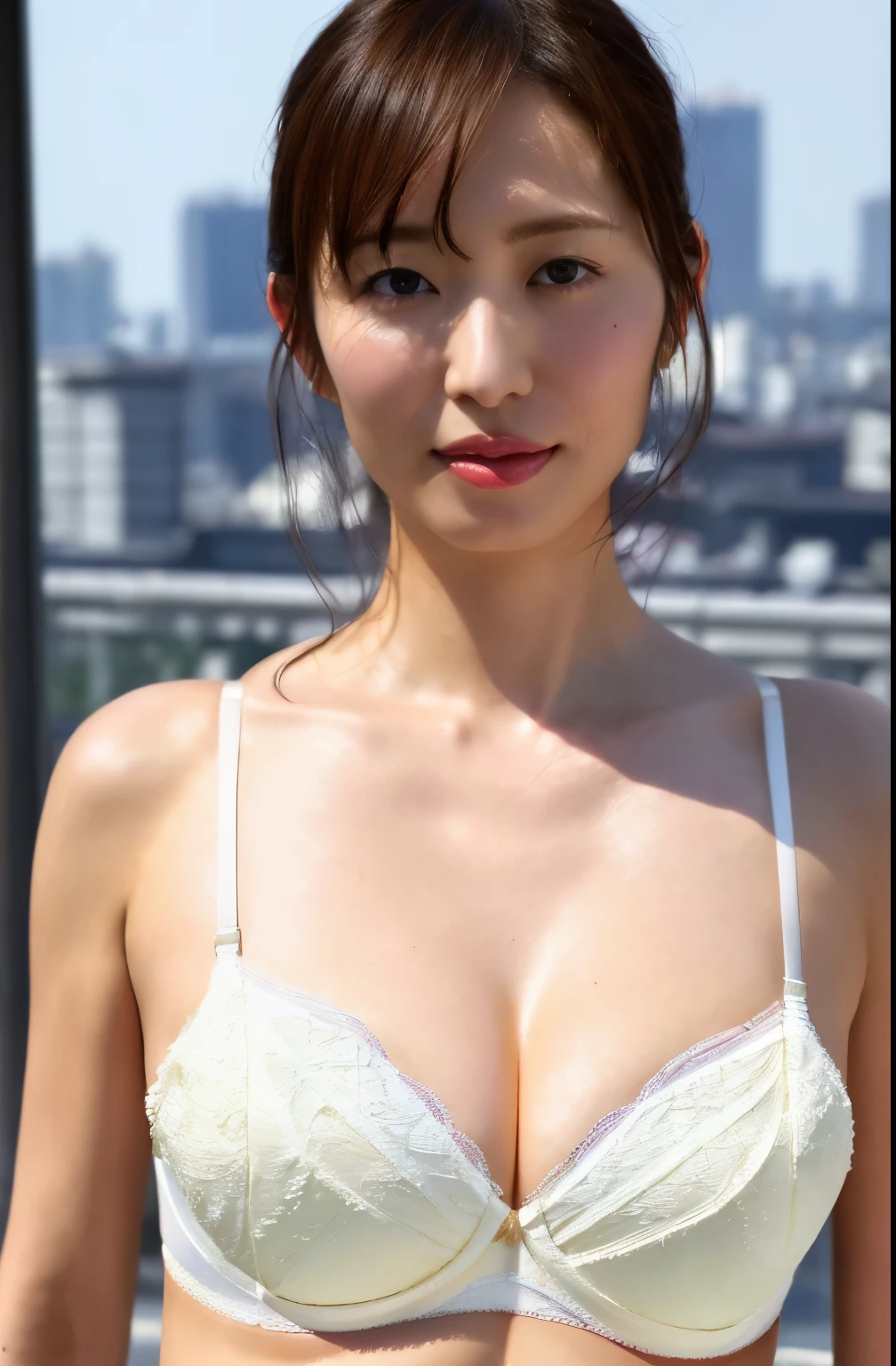 ((highest quality、8K resolution、master masterpiece、portrait:1.3)), Photoreal, 35mm film, 1 Japanese woman, beautiful woman, 40 years old,Misumi Shiochi、 On the street in the daytime, wrinkles around the eyes, plump body, ((white bra is very、panties :1.5)) , (Tokyo cityscape: 1.3), jumbled background,