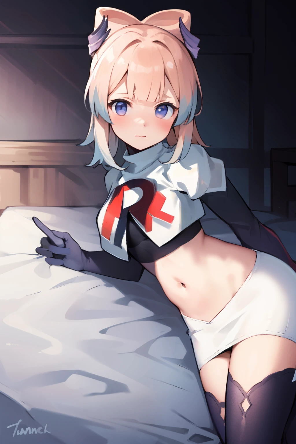 kokomidef, blush, short hair, looking at viewer, team rocket,team rocket uniform,white skirt,crop top,black thigh-highs,black elbow gloves,