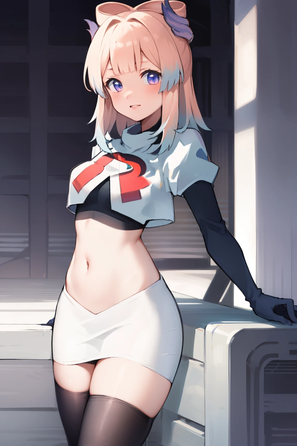 kokomidef, blush, short hair, looking at viewer, team rocket,team rocket uniform,white skirt,crop top,black thigh-highs,black elbow gloves,