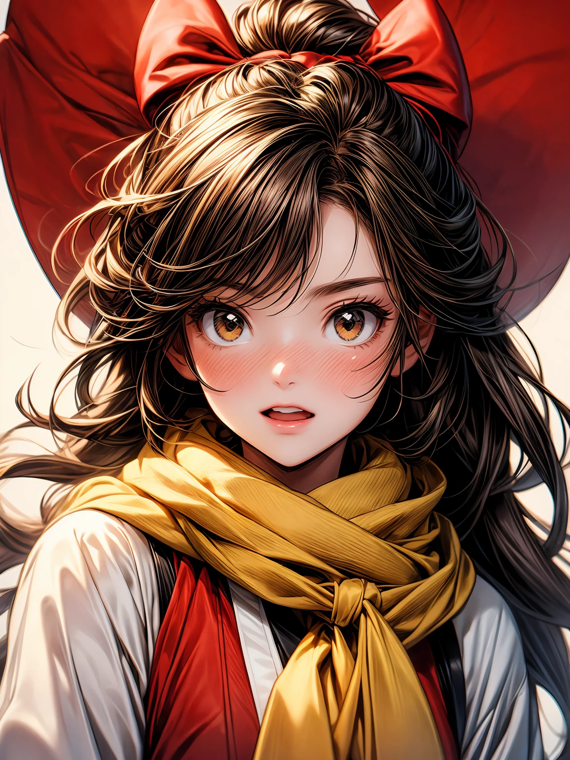 km, 1girl, ascot, blush, bow, brown eyes, brown hair, hair bow, hair tubes, japanese clothes, long hair, mittens, nontraditional miko, one-hour drawing challenge, open mouth, portrait, red bow, red mittens, scarf, sidelocks, simple background, solo, white background, yellow ascot, yellow scarf