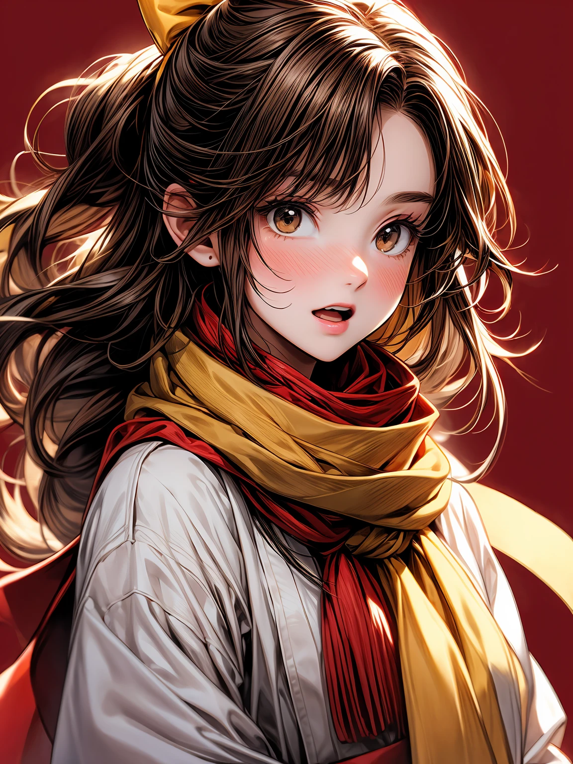 km, 1girl, ascot, blush, bow, brown eyes, brown hair, hair bow, hair tubes, japanese clothes, long hair, mittens, nontraditional miko, one-hour drawing challenge, open mouth, portrait, red bow, red mittens, scarf, sidelocks, simple background, solo, white background, yellow ascot, yellow scarf