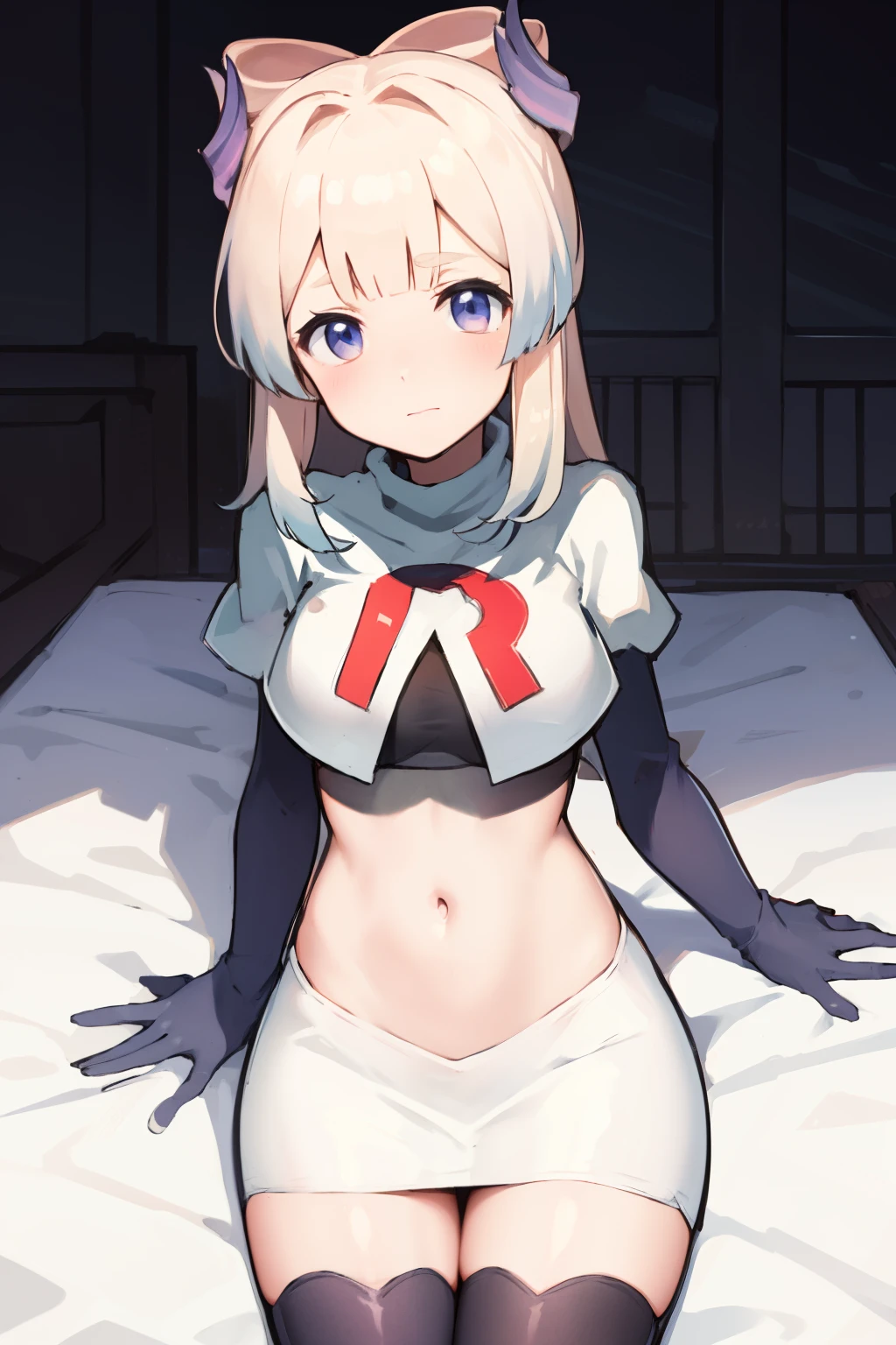 kokomidef, blush, short hair, looking at viewer, team rocket,team rocket uniform,white skirt,crop top,black thigh-highs,black elbow gloves,