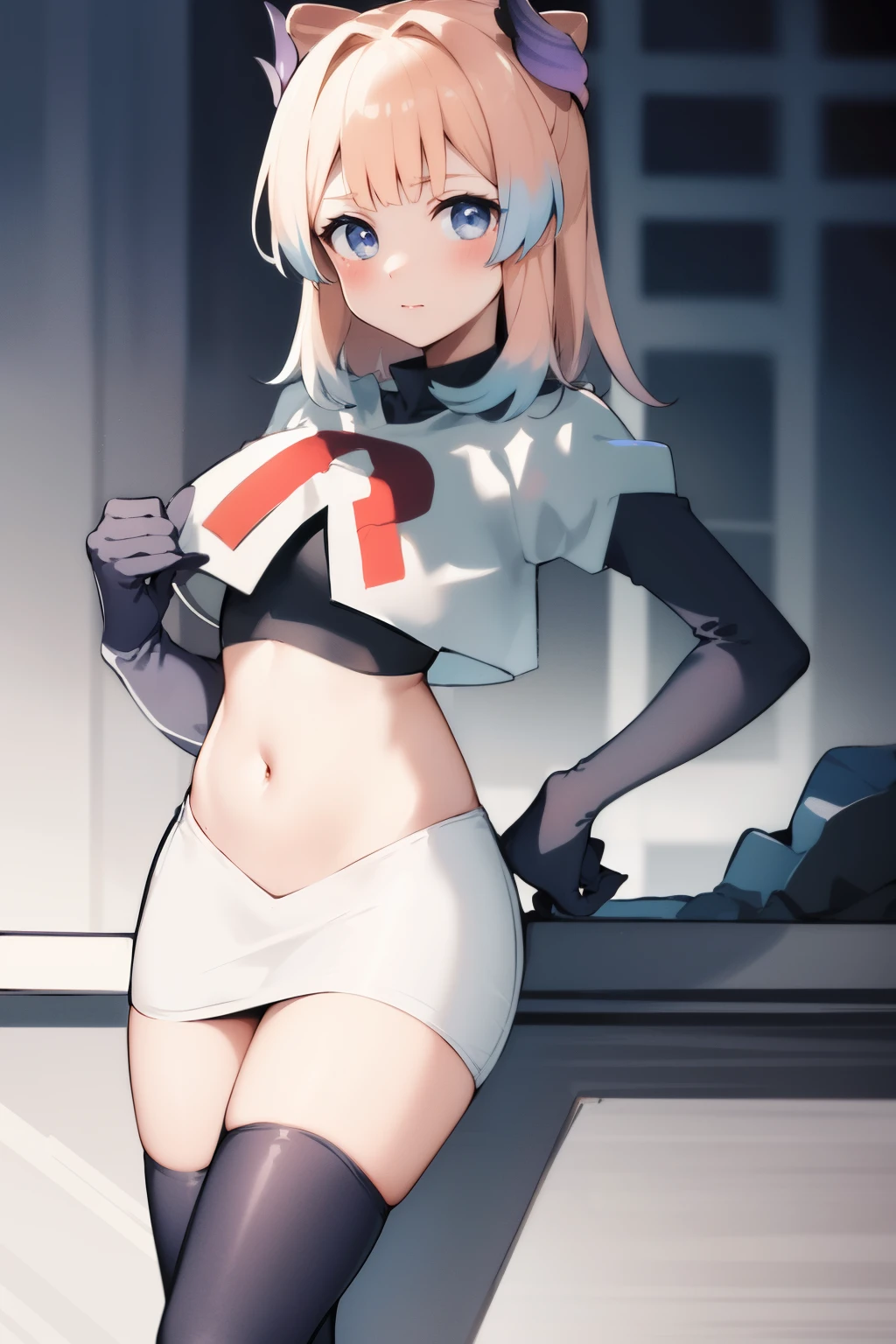 kokomidef, blush, short hair, looking at viewer, team rocket,team rocket uniform,white skirt,crop top,black thigh-highs,black elbow gloves,