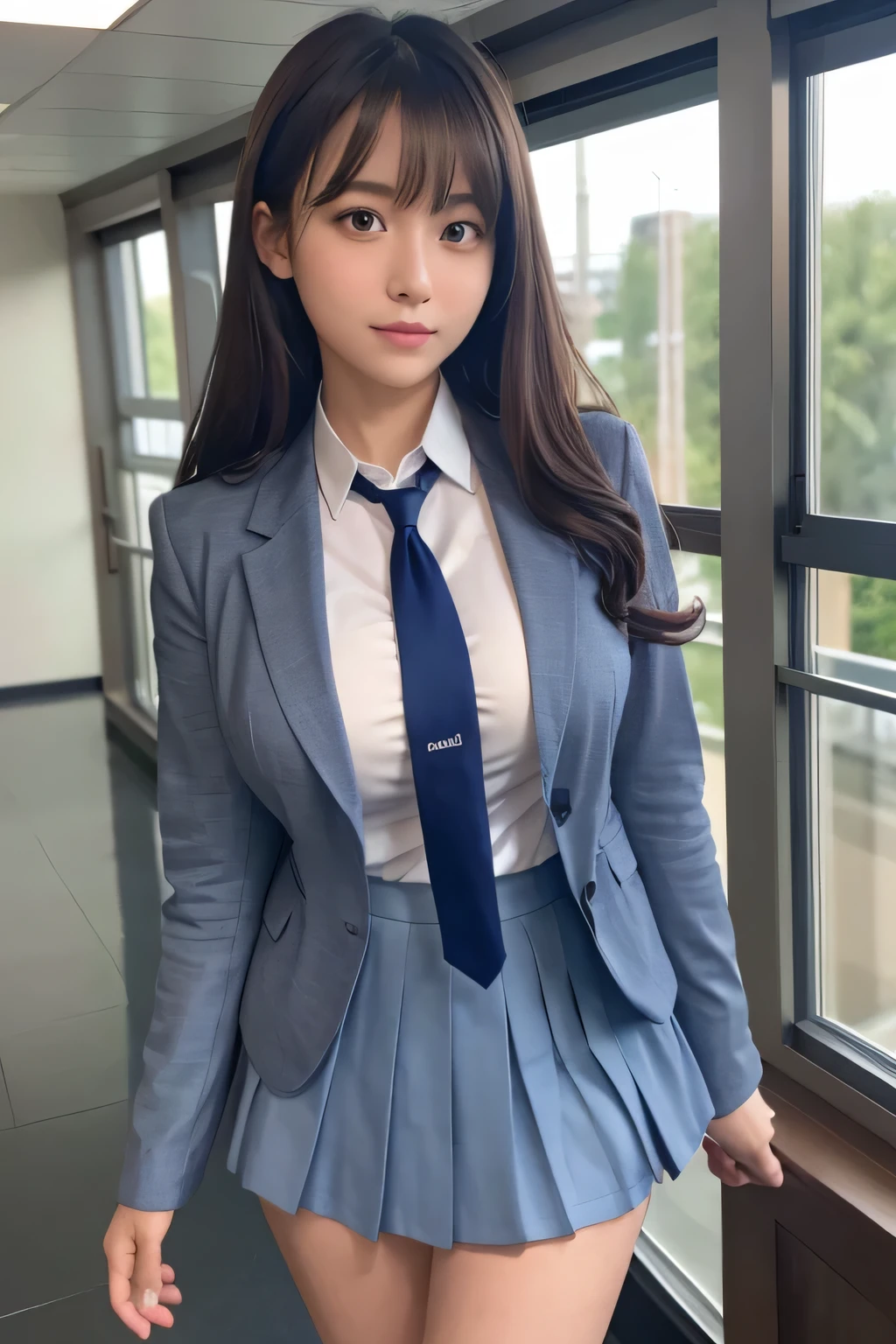 8K, highest quality, real image, intricate details, Super detailed, ultra high resolution, depth field,(realistic,realistic:1.2), frontal shot , From the middle , 1 girl, eye_Chan, very beautiful 17 year old girl, innocent big eyes,、beautiful breasts:1.5、非常に詳細なeye:1.2)、(beautiful breasts:1.1)、wavy hair、curly hair、bangs、, perfect skin, Fair skin, cleavage, tight waist, huge breasts、light blush, alone、 looking at the viewer, (Are crying, crying face), ((School_uniform),(dark blue blazer), (white shirt、Wearing a tie), (gray pleated skirt), (sculpture installation :1.1)、High School Hallway

