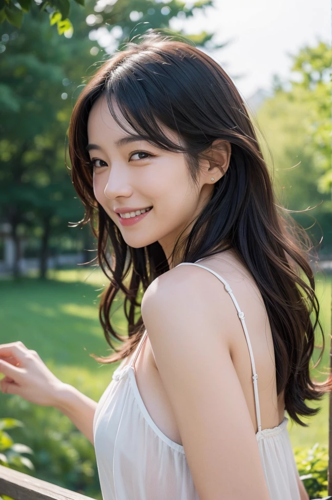 (8K、highest quality、masterpiece:1.2)、(realistic、フォトrealistic:1.37)、super detail、1 girl、beautiful woman、smile、solo、(smile:1.15)、wavy hair、Upper body、Japanese、フォトrealisticな顔,フォトrealisticな体,realistic skin、へにょへにょしたsmile、(from side), (upturned eyes :1.5)