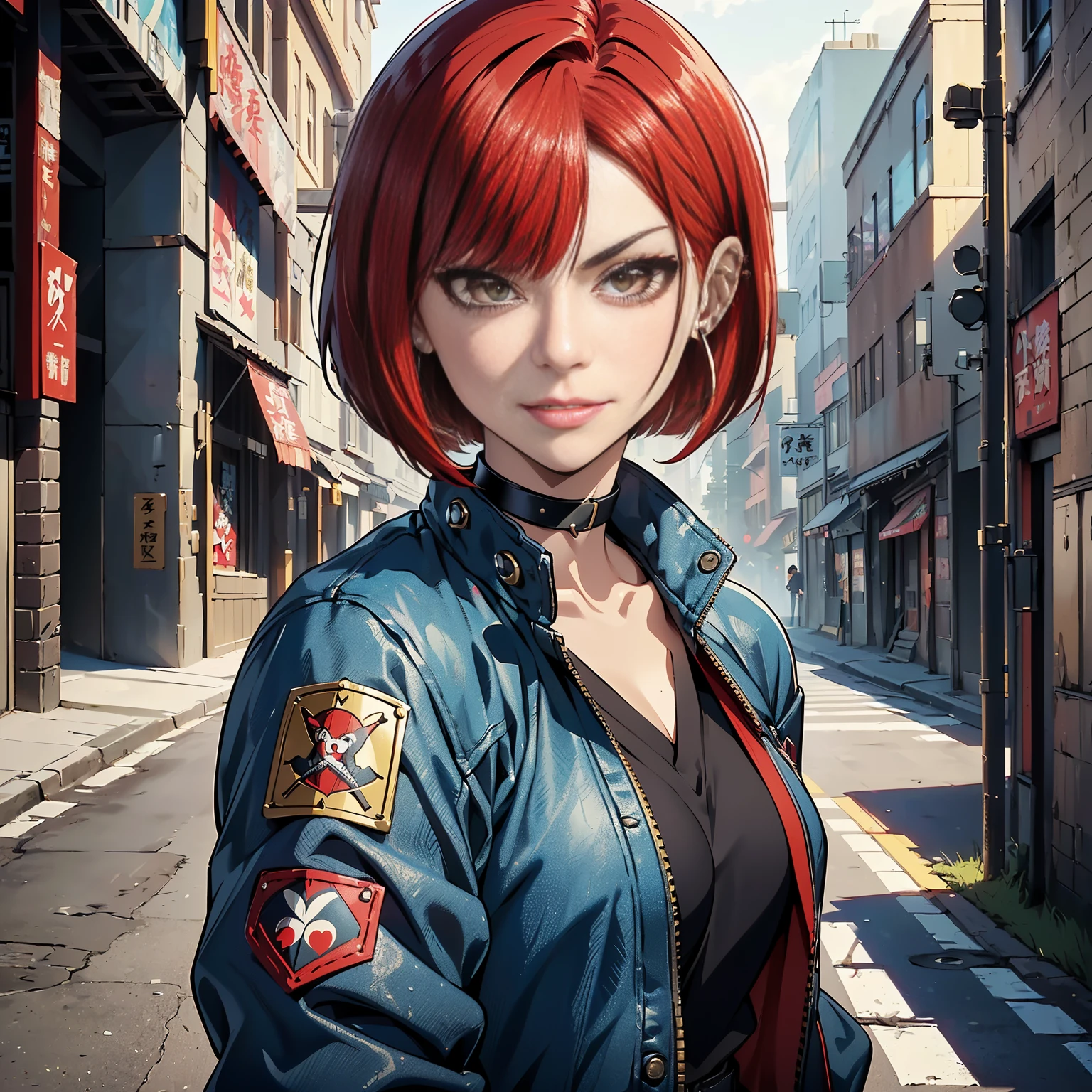 in the art style of persona5 and in the art style of street of rage 4, delinquent, (sukeban), mature_female, blush, mature, older woman, 25 years old, Sukeban teacher outfit, ((((1girl, solo female, solo, solo focus:1,9)))++++, choker, sukeban teacher, sukeban fighter, long_sleeves, open jacket, blue jacket,( jean)+++, light skin tone female, (full body)+++++, jacket, biker jacket, tape, arm_support, gloves, red_gloves, bridal gauntlets, nail polish, boots, black_footwear, fighter outfit, (full body)+++++++, hourglass, mature face, cheeky smile, cheeky face, wrinkles, (((((red hair, short hair, bob cut, earrings, ear piercings)))), red eyeighting art, Martial arts, standing, fighting_stance, fight, fighting), extra colors, 2D, megapixel, perfectionism, accent lighting, full HD , (Masterpiece:1.2), (full-body-shot:1),(cowboy shot:1.2), (Highly detailed:1.2),(anime Detailed Face:1.2), Colorful, A detailed eye, (Detailed landscape:1.2), (natural lighting:1.2), ((sukeban school teacher)) by Vincent Di Fate: Aidyllery, Anamorphic Shot, rule of thirds, face by Artgerm and WLOP, ((street of rage 4 city backround)), fictive city backround in the style art of street of rage 4,