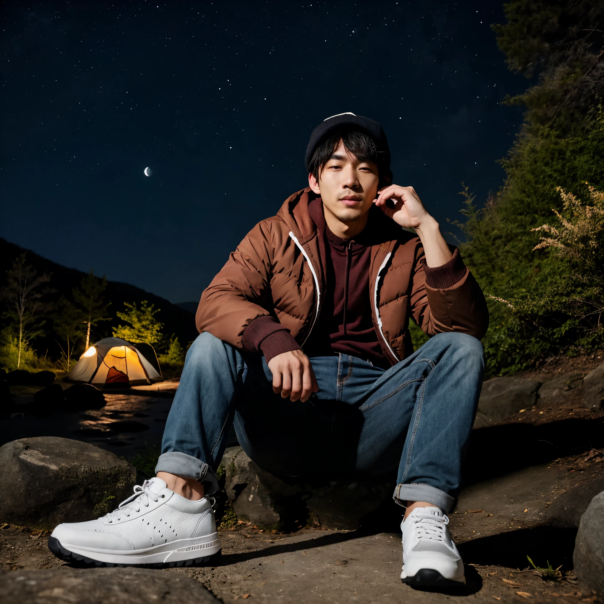 1 Korean man ((full shot showing sneakers, happy)), masterpiece, top quality, super detail, ground, outdoor, (night), mountain, nature, (stars, moon) cheerful, happy, backpack, bag sleeping, camping stove, water bottle, mountain boots, gloves, sweater, hat, lantern, forest, stone, river, wood, smoke, shadow, contrast, clear sky, style, (warm shades, warm tones)
