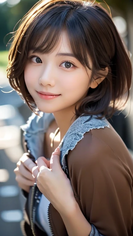 (highest quality,8K quality,masterpiece:1.3,),(ultra high resolution:1.3,Photoreal:1.4,RAW photo:1.2),(Super detailed:1.2,shiny skin,fine skin:1.1),(detailed face,perfect ???????,caustics:1.2),on the lawn,sleep on your back,overhead view,,1 girl,cute,Japanese,22 years ago,Japanese ID,natural brown hair,Curl short hair outward,cute目,natural makeup,lolita fashion,laughter,look at the camera,up on the face,face focus,professional lighting,natural soft light,small tits, Low position, Low - Angle