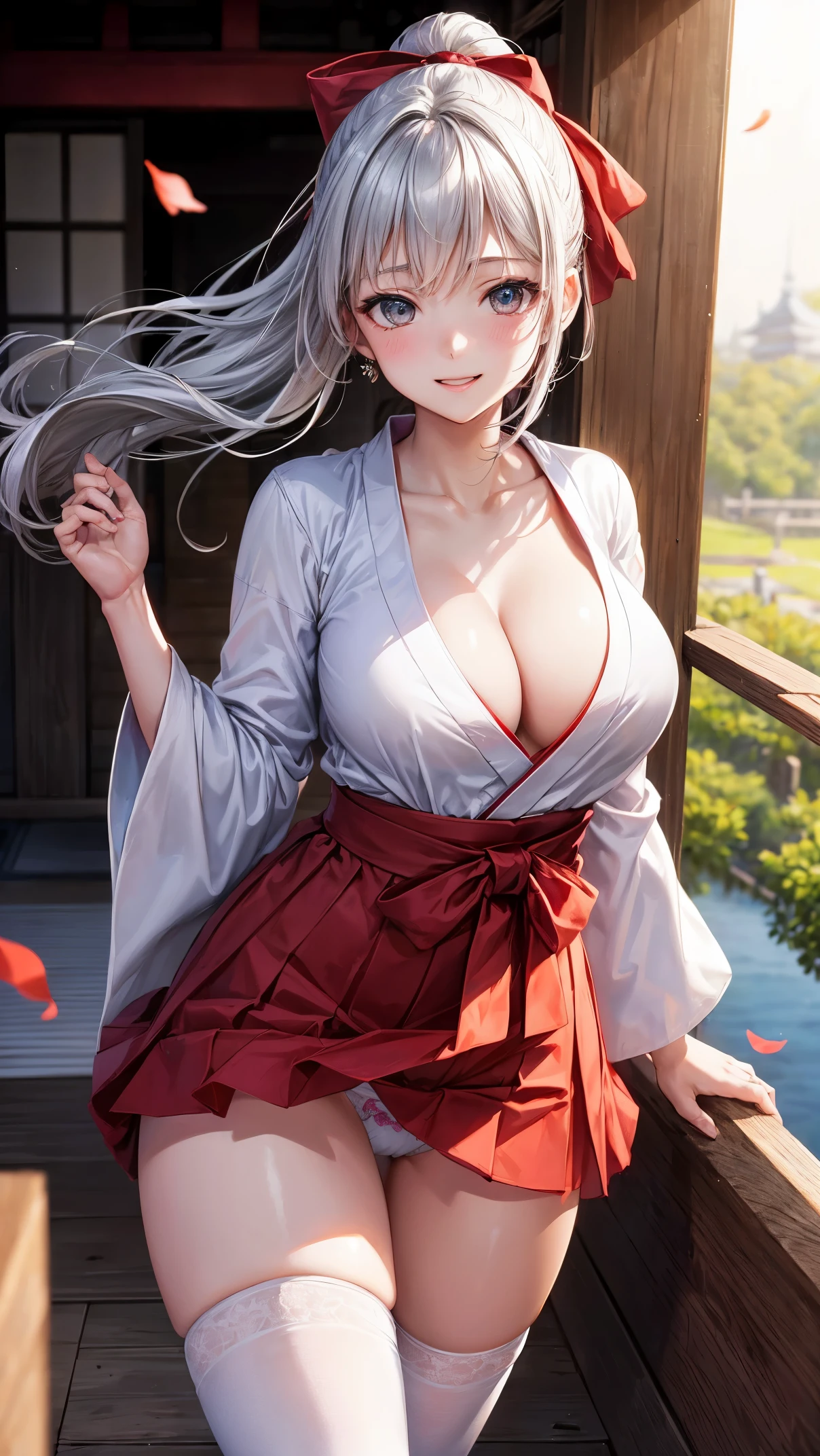 ((highest quality、High resolution、8K、masterpiece:1.3))、dynamic angle、I can see the whole body、wallpaper、1 girl、unparalleled beauty、ultimate beauty、super detailed face、delicate eyes、smile shyly、sexy look、looking at the camera、Depth of bounds written、light particles、side light、ponytail、silver hair、shrine maiden、shrine maiden服、shrine maiden装束、white kimono、red hakama、(Holding down the skirt with both hands)、(The wind flips up the skirt and reveals the panties.)、Open chest、big breasts、cleavage、Thighhighs、thighs、slim、slender、Old castle at night