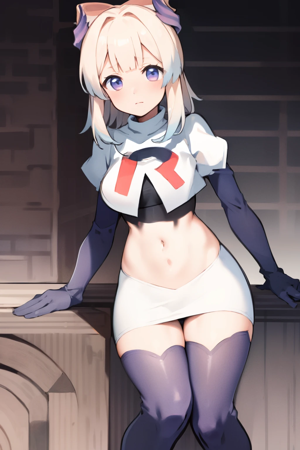 kokomidef, blush, short hair, looking at viewer, team rocket,team rocket uniform,white skirt,crop top,black thigh-highs,black elbow gloves,