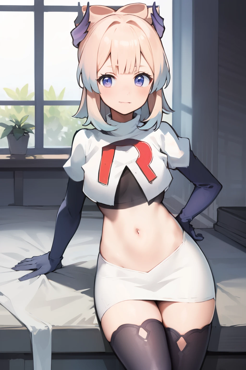 kokomidef, blush, short hair, looking at viewer, team rocket,team rocket uniform,white skirt,crop top,black thigh-highs,black elbow gloves,