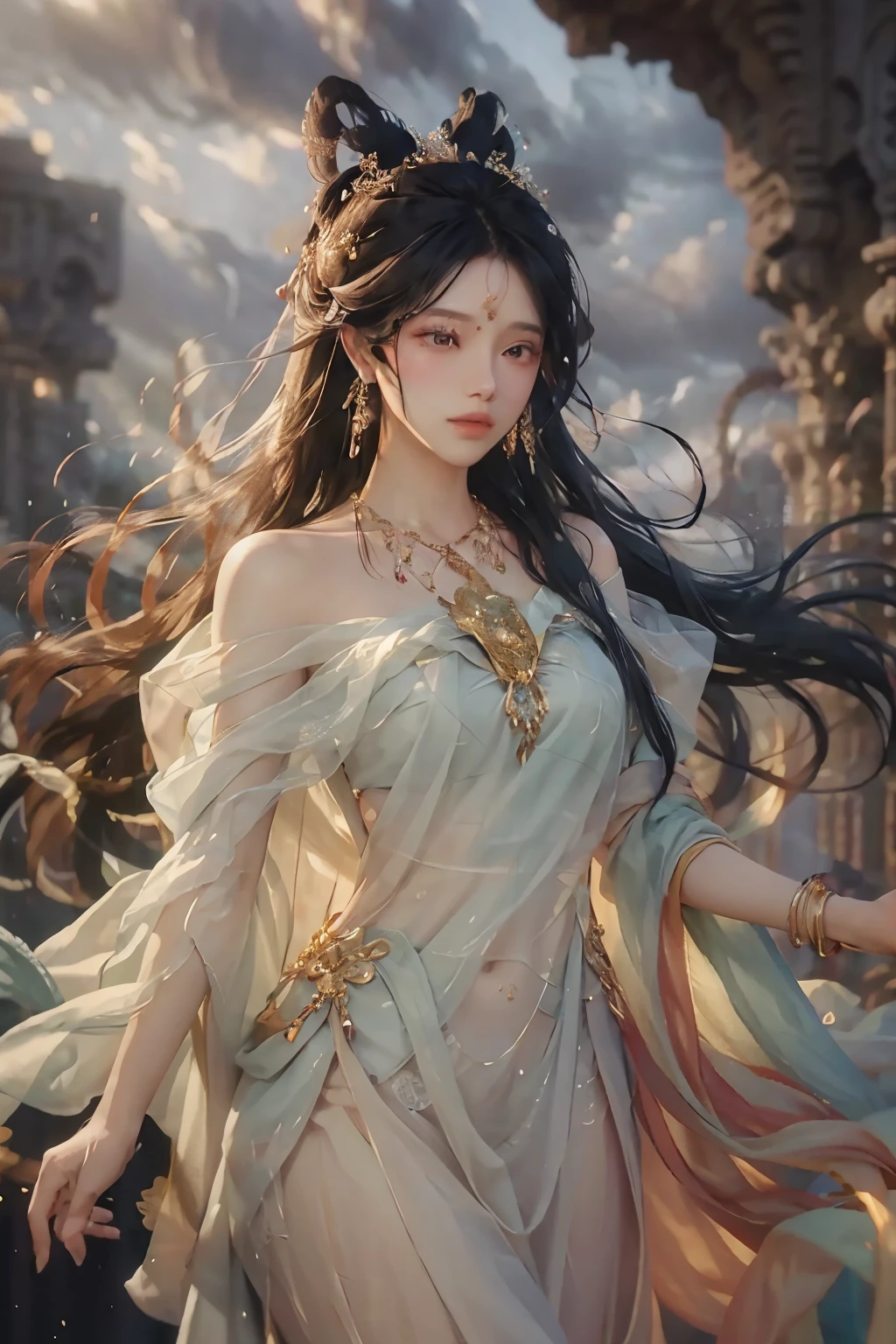 1 girl, clad in gorgeous clothes, adorned with elegant earrings and a stunning necklace, floats in the midst of clouds and mist, her long flowing hair cascading down in super details and intricate facial features. This ethereal scene is a true masterpiece, captured in super high resolution, every detail meticulously rendered for your viewing pleasure.