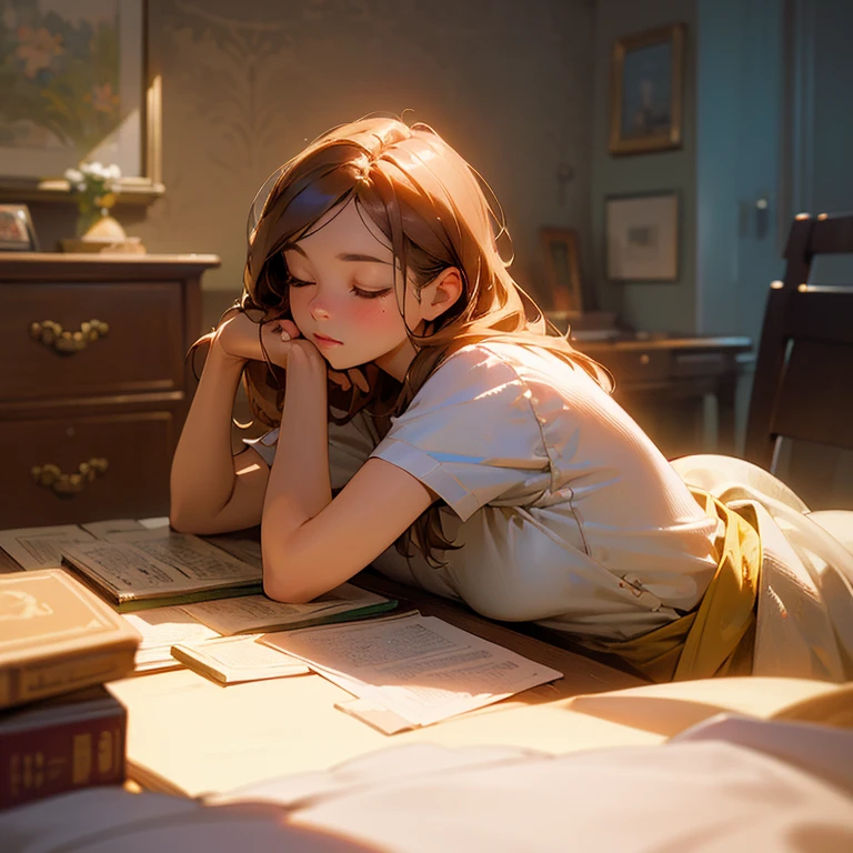 (Masterpiece,Best quality,Award-winning concept wallpaper),(Photorealistic:1.4),A girl fell asleep on the table,Detail surface,Game CG,A high resolution,imagination,bookshelf,Bed,desk,Messy,Youth,Sunshine,Student bedroom,City,Intricate details,