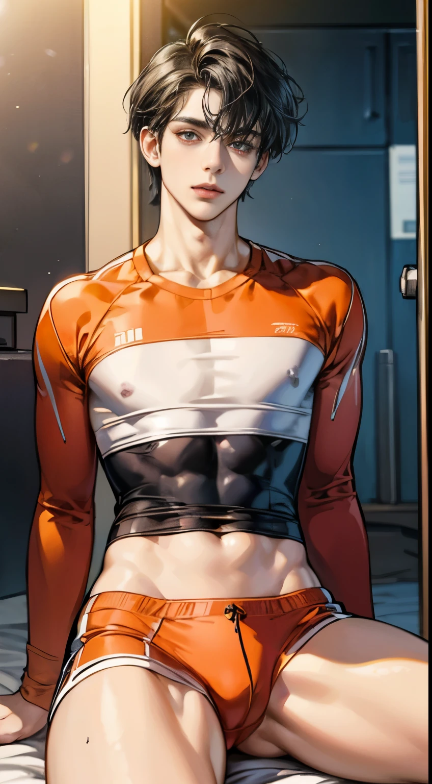 ((masterpiece)), high resolution, Raw photo, perfect limbs, perfect limbs, ((Biologically correct depiction of hands and feet)), ((a beautiful man)), double beautiful eyes, ((Beautiful black hair short hair)), ((With bangs)), smiling, tall, Depth of bounds written, cinematic lighting, Delicate hair depiction, (Handsome guy), detailed, (whole body focus), Nobody is here, beautiful nose, beautiful eyes, Looking at Viewer, night time, Nobody is here, ((long sleeve orange sportswear)), ((simple and realistic room))