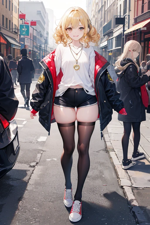(Masterpiece: 1.5, best quality, high resolution: 1.3, super resolution, super detailed, ultra detailed: 1.3, rich background: 1.2, 1 woman)) tanned skin + blonde hair + curly fluffy hair + gray eyes + long eyelashes + small chest + wide hips + thick thighs (oversized shirt that covers up to her thighs, thigh-high stockings, shorts, jacket, vans shoes, simple short necklace, long necklace with an emblem) ((smiles, turning to look, bottom from a busy street)) (colors for clothing and accessories: yellow, black, white, cream, red, light blue)