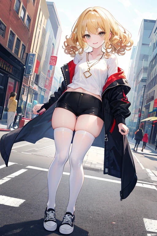 (Masterpiece: 1.5, best quality, high resolution: 1.3, super resolution, super detailed, ultra detailed: 1.3, rich background: 1.2, 1 woman)) tanned skin + blonde hair + curly fluffy hair + gray eyes + long eyelashes + small chest + wide hips + thick thighs (oversized shirt that covers up to her thighs, thigh-high stockings, shorts, jacket, vans shoes, simple short necklace, long necklace with an emblem) ((smiles, turning to look, bottom from a busy street)) (colors for clothing and accessories: yellow, black, white, cream, red, light blue)