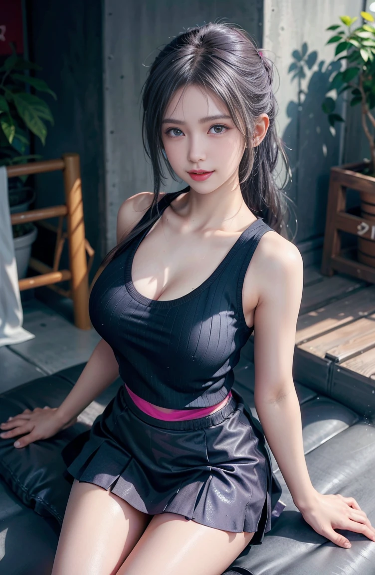 realistic, 1 girl, ponytail, parted lips, blush, compensate, light smile, gray hair, sportswear, skirt, wet clothes, shine, thighs, purple eye, bare shoulders, clavicle, tight waist, sunbeam, sunlight, Rose, Wind, cleavage, (masterpiece), Sweat,