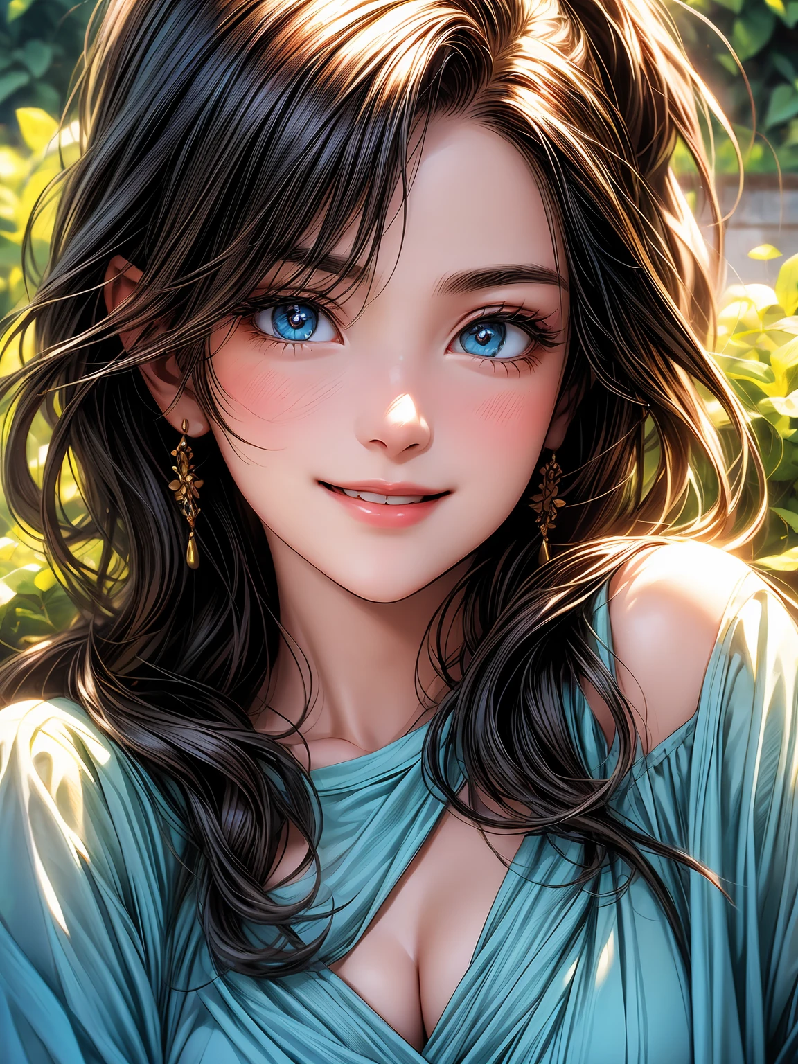 vivid color, (masterpiece), (best quality), ((ultra detailed beautiful face and eyes)), illust style, woman, cinematic angle, Basking in the sun, smile, rough clothes, outdoor garden, warm light, happy face ☀️