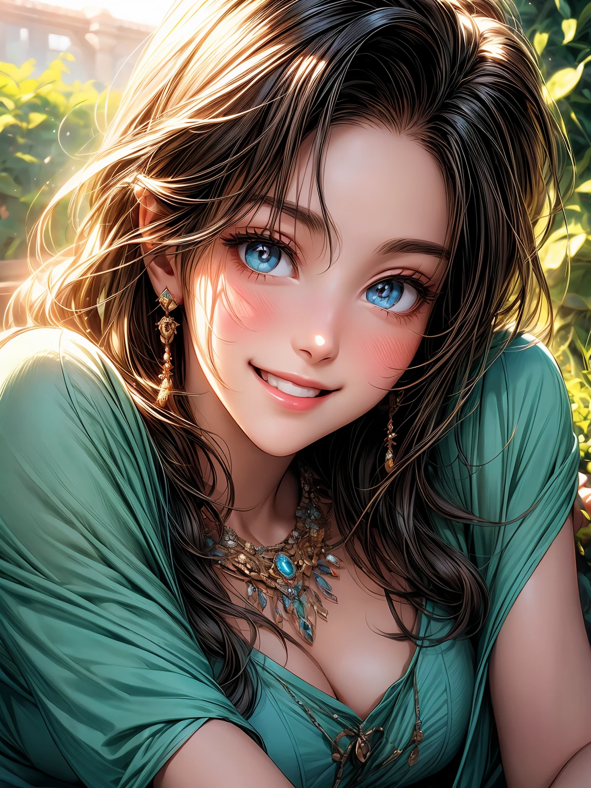 vivid color, (masterpiece), (best quality), ((ultra detailed beautiful face and eyes)), illust style, woman, cinematic angle, Basking in the sun, smile, rough clothes, outdoor garden, warm light, happy face ☀️
