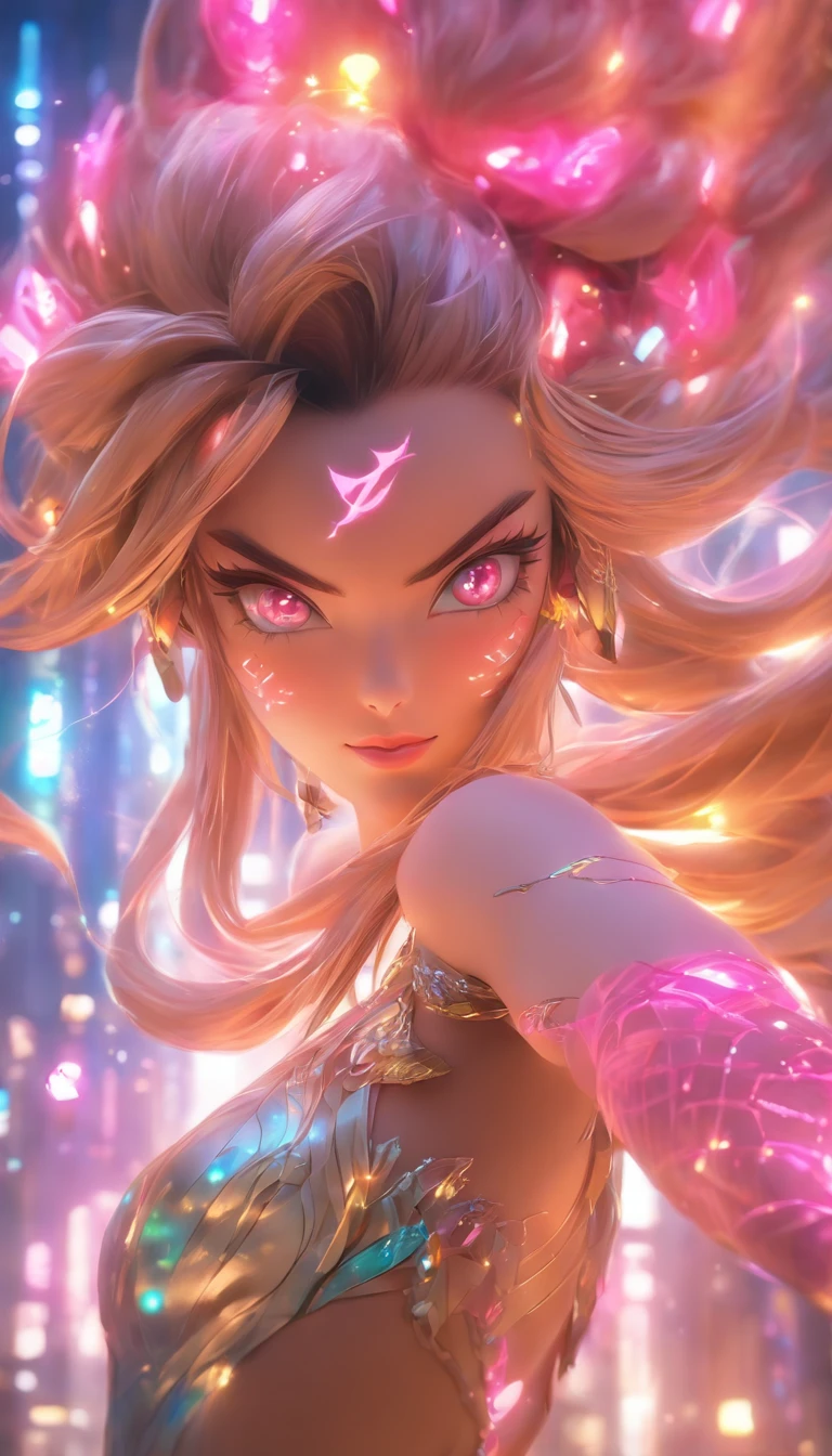Aesthetic and dreamlike oil painting with hyper-realistic style, incredibly delicate and intricate brushwork. (League of Legends) Ahri, a magical and charming female character, wearing a laser metal reflective crop top and a super short skirt, adorned with fluorescent metal threads and a string of crystal glass beads. She has exquisitely refined facial features, captivating golden hair, and a mesmerizingly beautiful figure with astonishing body proportions. The artwork portrays a sense of realism, with Ahri wearing a dazzling outfit made of ornate shimmering metal plates, showcasing a cool, radiant, and fashionable look with a touch of futuristic technology. She stands in a dynamic pose, captured through an artistic lens, with a symmetrical composition and a composition following the golden ratio and S-curve. The artwork features cyberpunk lights, Dindal lighting effects, and a dreamlike play of light and shadow. It is a masterpiece with the best image quality, rendered in ultra-high definition resolution (64k) using CG rendering and the Unreal Engine 5, creating a surreal and enchanting visual experience. --niji 5 --ar 9:16 --s 50
