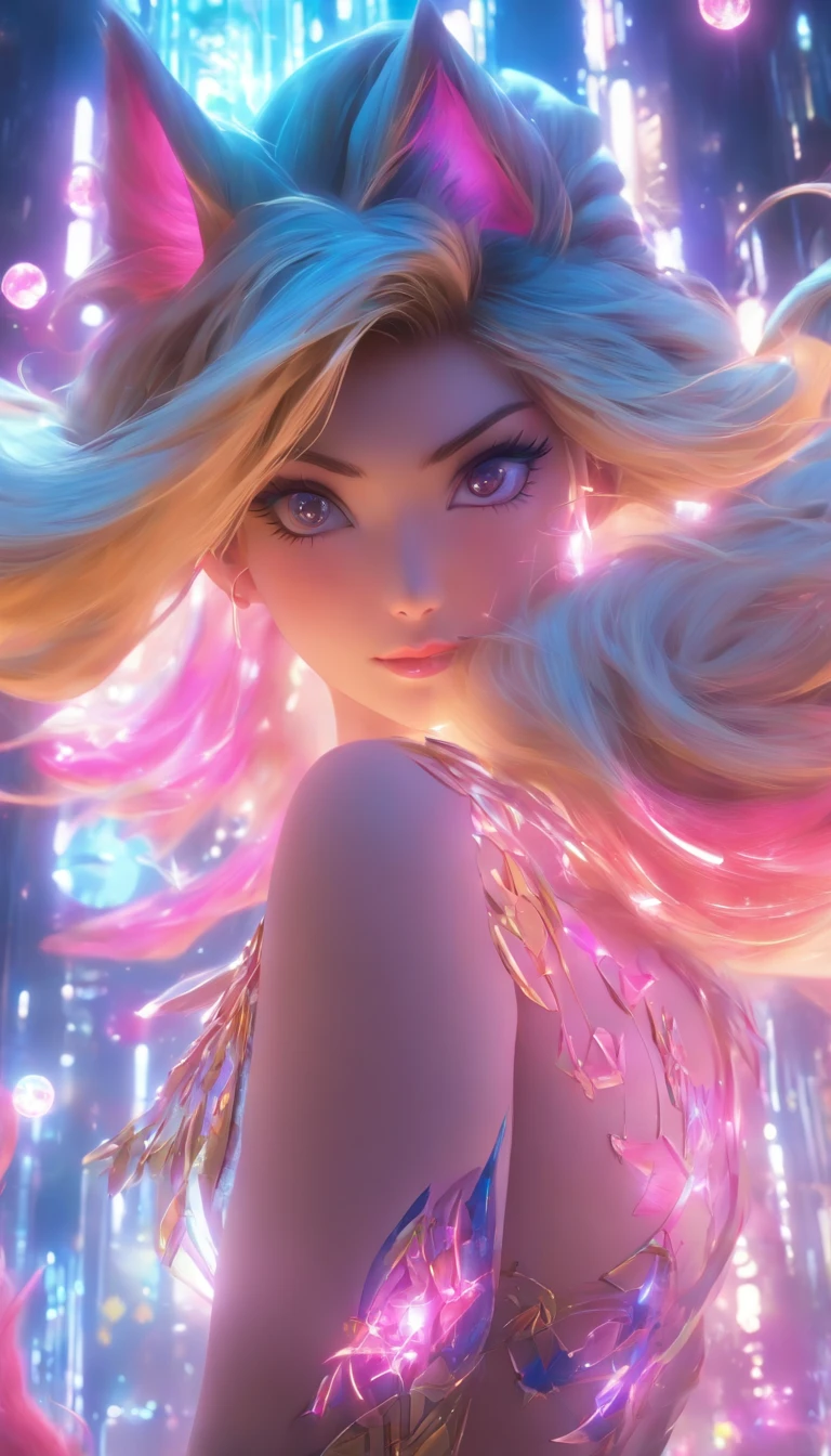 Aesthetic and dreamlike oil painting with hyper-realistic style, incredibly delicate and intricate brushwork. (League of Legends) Ahri, a magical and charming female character, wearing a laser metal reflective crop top and a super short skirt, adorned with fluorescent metal threads and a string of crystal glass beads. She has exquisitely refined facial features, captivating golden hair, and a mesmerizingly beautiful figure with astonishing body proportions. The artwork portrays a sense of realism, with Ahri wearing a dazzling outfit made of ornate shimmering metal plates, showcasing a cool, radiant, and fashionable look with a touch of futuristic technology. She stands in a dynamic pose, captured through an artistic lens, with a symmetrical composition and a composition following the golden ratio and S-curve. The artwork features cyberpunk lights, Dindal lighting effects, and a dreamlike play of light and shadow. It is a masterpiece with the best image quality, rendered in ultra-high definition resolution (64k) using CG rendering and the Unreal Engine 5, creating a surreal and enchanting visual experience. --niji 5 --ar 9:16 --s 50