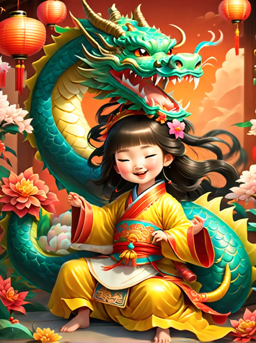 joyful and festive scene featuring a cute and lively 5-year-old ancient Chinese princess embracing a fluffy-textured, mythical Chinese baby dragon. Both are sleeping peacefully. The background is enhanced with festive decorations, such as lanterns, colorful banners, and traditional Chinese motifs, symbolizing celebration and happiness. This scene, rich in ancient Chinese cultural elements, captures a sense of joy and festivity, making the moment between the princess and the dragon even more endearing and magical, (花卉水彩画:1.5), (Ultra high saturation, bright and vivid colors: 1.5), (nsfw), (Facing the viewer: 1.5)