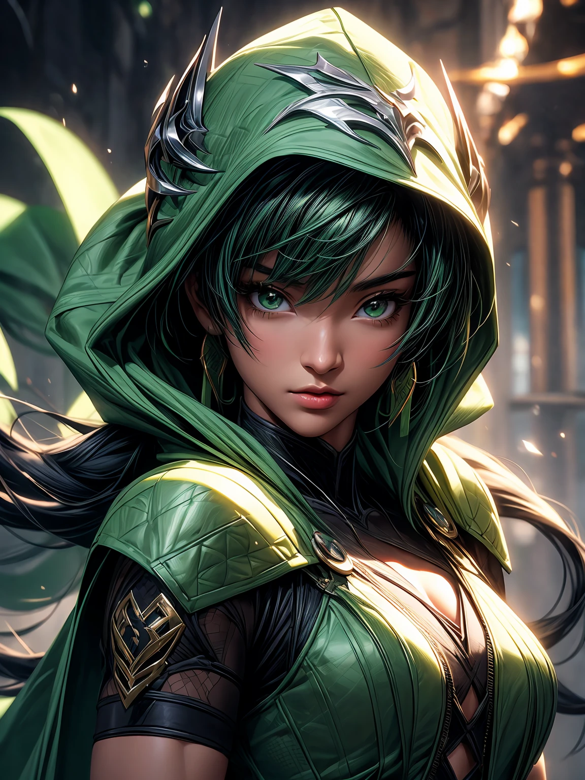 Cinematic soft lighting illuminates a stunningly detailed and ultra-realistic a close up of Tati Gabrielle in a green outfit with a hood on, mortal kombat 11, Jade from mortal kombat, in mortal kombat, mk ninja, wearing green armor and helmet, akali, fujin, that is trending on ArtStation. Octane is the perfect tool to capture the softest details of this 16k photography masterpiece