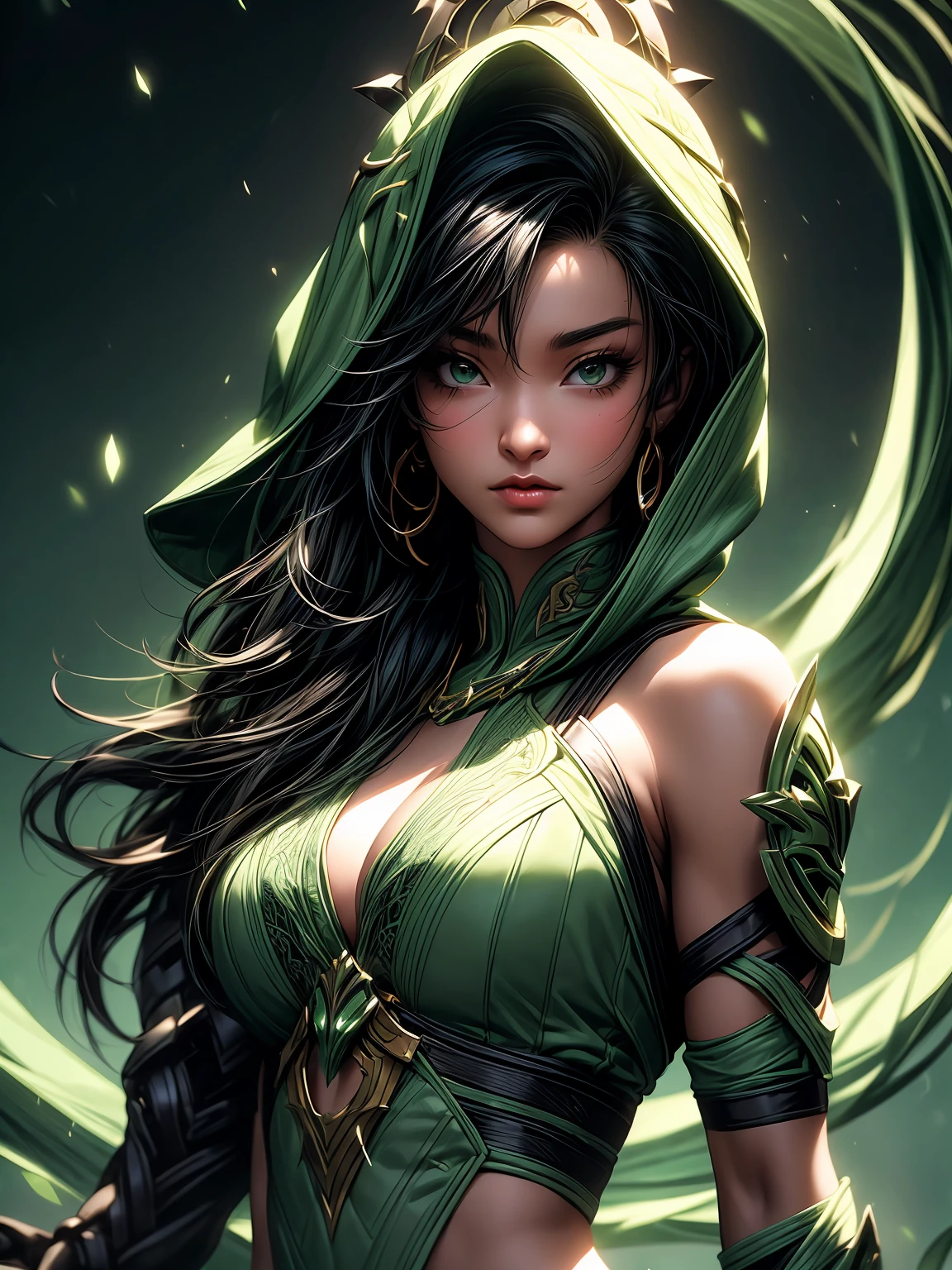 Cinematic soft lighting illuminates a stunningly detailed and ultra-realistic a close up of Tati Gabrielle in a green outfit with a hood on, mortal kombat 11, Jade from mortal kombat, in mortal kombat, mk ninja, wearing green armor and helmet, akali, fujin, that is trending on ArtStation. Octane is the perfect tool to capture the softest details of this 16k photography masterpiece