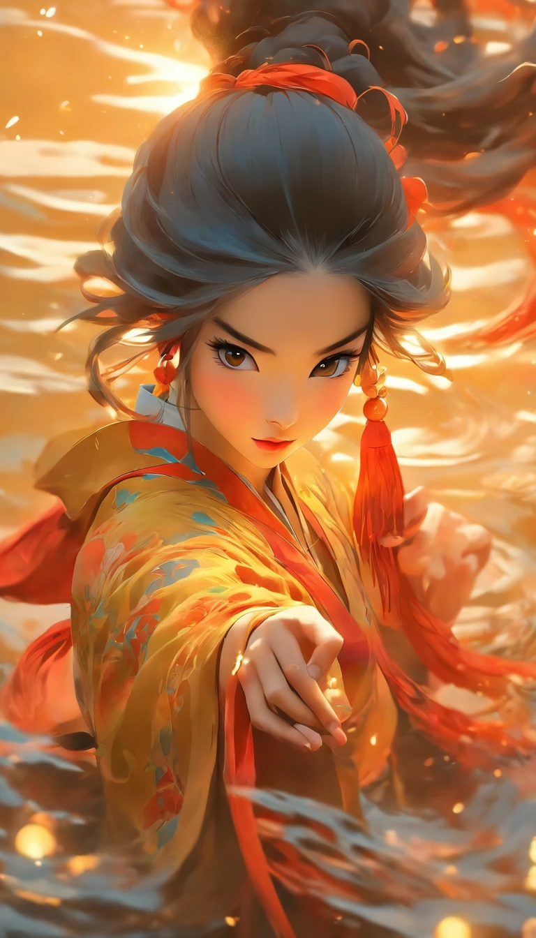 a beautiful girlin ancient china is practicing chinese kungfu, pointing down, she stands on the water with a hazy reflection, she has a delicate and vivid face, long black and golden hair, big: 2 eyes, charming eyes, charming face, long eyelashes, she wears amber and azure hanfu with delicate patterns and colorful fluid color fluid formation, intricate, ink flow, ink style, midrange, by Gu Kaizhi, Zhang xuan, aesthetic mood, golden gilding, dense composition, soft shadow, clean and sharp focus, film photography, center composition poster design, 32k, Flim photography,Panoramic View,32K --niji 5 --s 99 --ar 9:16