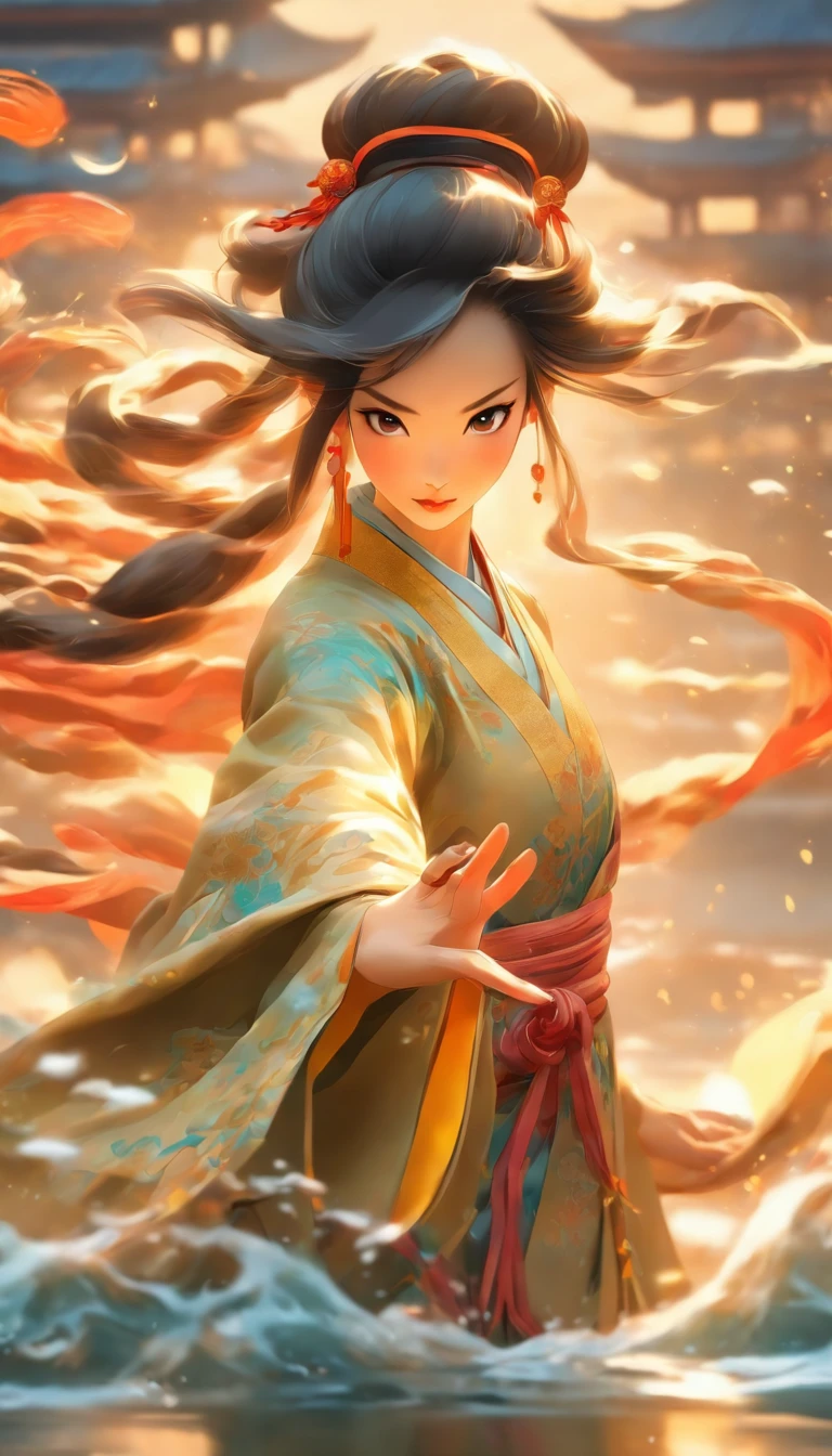 a beautiful girlin ancient china is practicing chinese kungfu, pointing down, she stands on the water with a hazy reflection, she has a delicate and vivid face, long black and golden hair, big: 2 eyes, charming eyes, charming face, long eyelashes, she wears amber and azure hanfu with delicate patterns and colorful fluid color fluid formation, intricate, ink flow, ink style, midrange, by Gu Kaizhi, Zhang xuan, aesthetic mood, golden gilding, dense composition, soft shadow, clean and sharp focus, film photography, center composition poster design, 32k, Flim photography,Panoramic View,32K --niji 5 --s 99 --ar 9:16