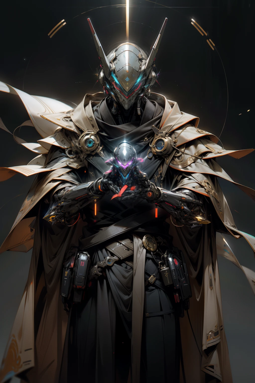 In the realm of cyberpunk art, a master alchemist emerges, cloaked in an enigmatic aura. His attire is a fusion of ancient and futuristic elements, donning a mestre's robe infused with alien cybernetics. Instantly adapting to his environment, he becomes invisible, a chameleon among the stars.
His body, a living testament to intergalactic technology, is embedded with organic cybernetic implants. These advanced prosthetics fuse seamlessly with his flesh, granting him unparalleled access to the vast interconnected information network. His eyes, a striking contrast of vibrant alien cybernetics and organic tissue