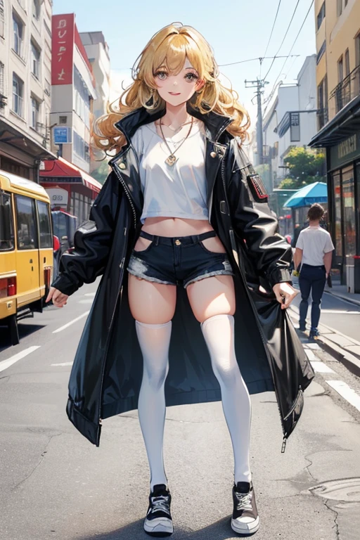 (Masterpiece: 1.5, best quality, high resolution: 1.3, super resolution, super detailed, ultra detailed: 1.3, rich background: 1.2, 1 woman)) tanned skin + blonde hair + curly fluffy hair + gray eyes + long eyelashes + small chest + wide hips + thick thighs (oversized shirt that covers up to her thighs, thigh-high stockings, shorts, jacket, vans shoes, simple short necklace, long necklace with an emblem) ((smiles, turning to look, bottom from a busy street)) (colors for clothing and accessories: yellow, black, white, cream, red, light blue)