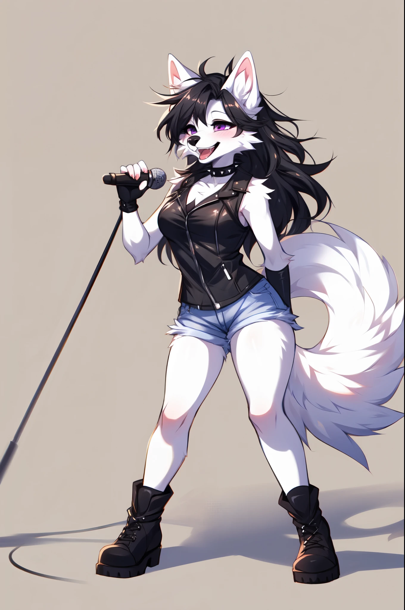 by fumiko,by hyattlen, by hioshiru, an all white wolf, purple eyes, white wolf tail, white wolf ears, cute snout, black nose, long white hair, black highlights in hair, tall slender body, thick thighs, wearing black leather vest, medium breasts, black arm warmers, fingerless black gloves, spiked choker, jean shorts, black boots, furrowed eyebrows, smiling, laughing, mouth open, holding a microphone, no background, simple white background