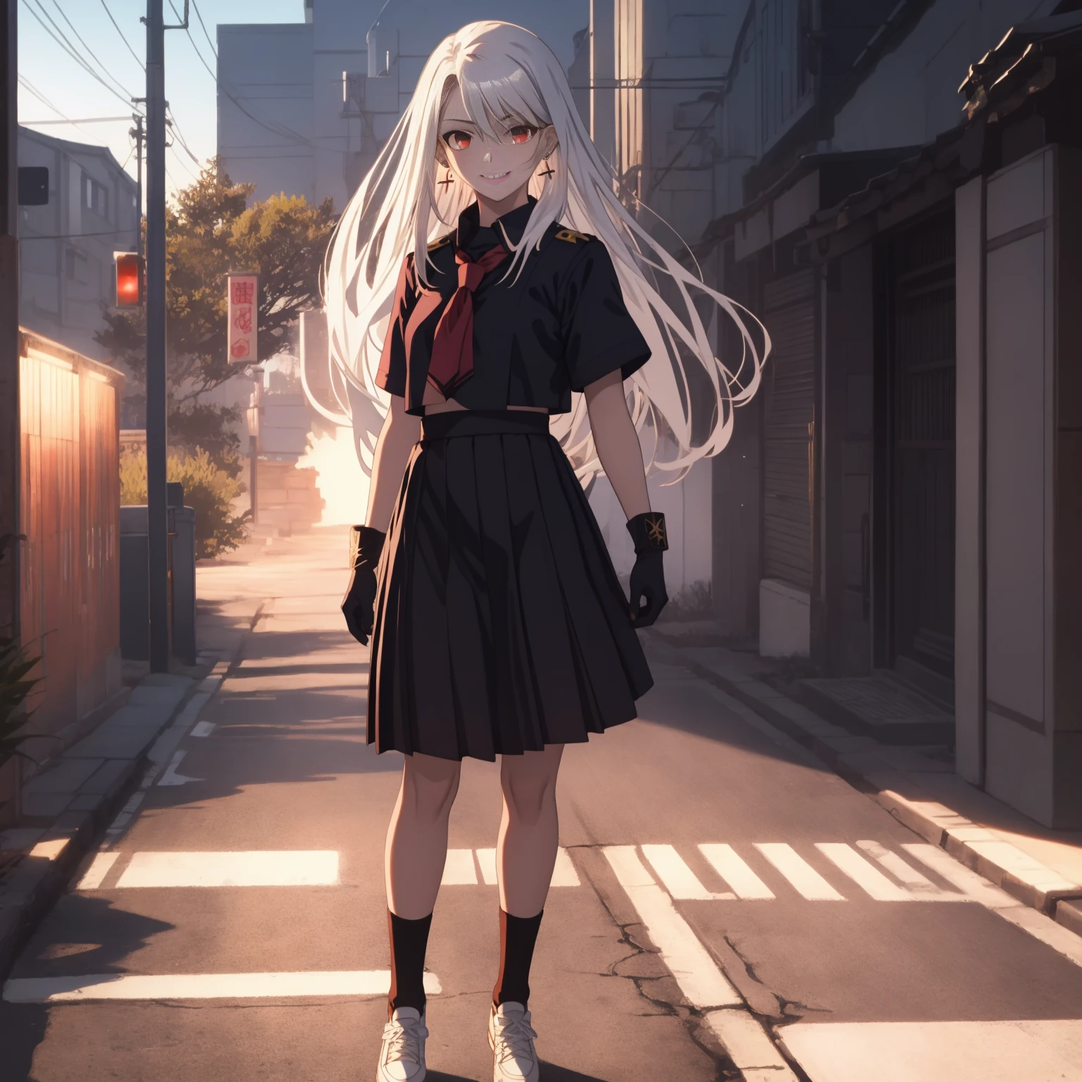 sukeban illyasviel_von_einzbern, mature_female, silver hair, holding yoyo, combat pose, full body, flowing hair, hair between the eyes, asymmetrical hair, red eyes, delicate facial features, sukeban deka clothe, looking_at_viewer, outdoors, background tokyo, ((solo, solo focus, solo girl,1girl))+++++,woman in a 80's sukeban seifuku standing on a set of strees, black school uniform, 80's japanese sukeban photo, sukeban seifuku,  80's japan, sukeban, long black skirt, red converse, full body, light skin tone female, full body, tape, arm_support, gloves, red_gloves, bridal gauntlets, blackred_footwear, fighter outfit, full body, hourglass, mature face, cheeky smile, cheeky face, wrinkles,( silver long hair, earrings, ear piercings), realistic, (fighting art, Martial arts, standing, fighting_stance, fight, fighting), extra colors, 2D, megapixel, perfectionism, accent lighting, full HD , 4K, masterpiece, empty red eyes