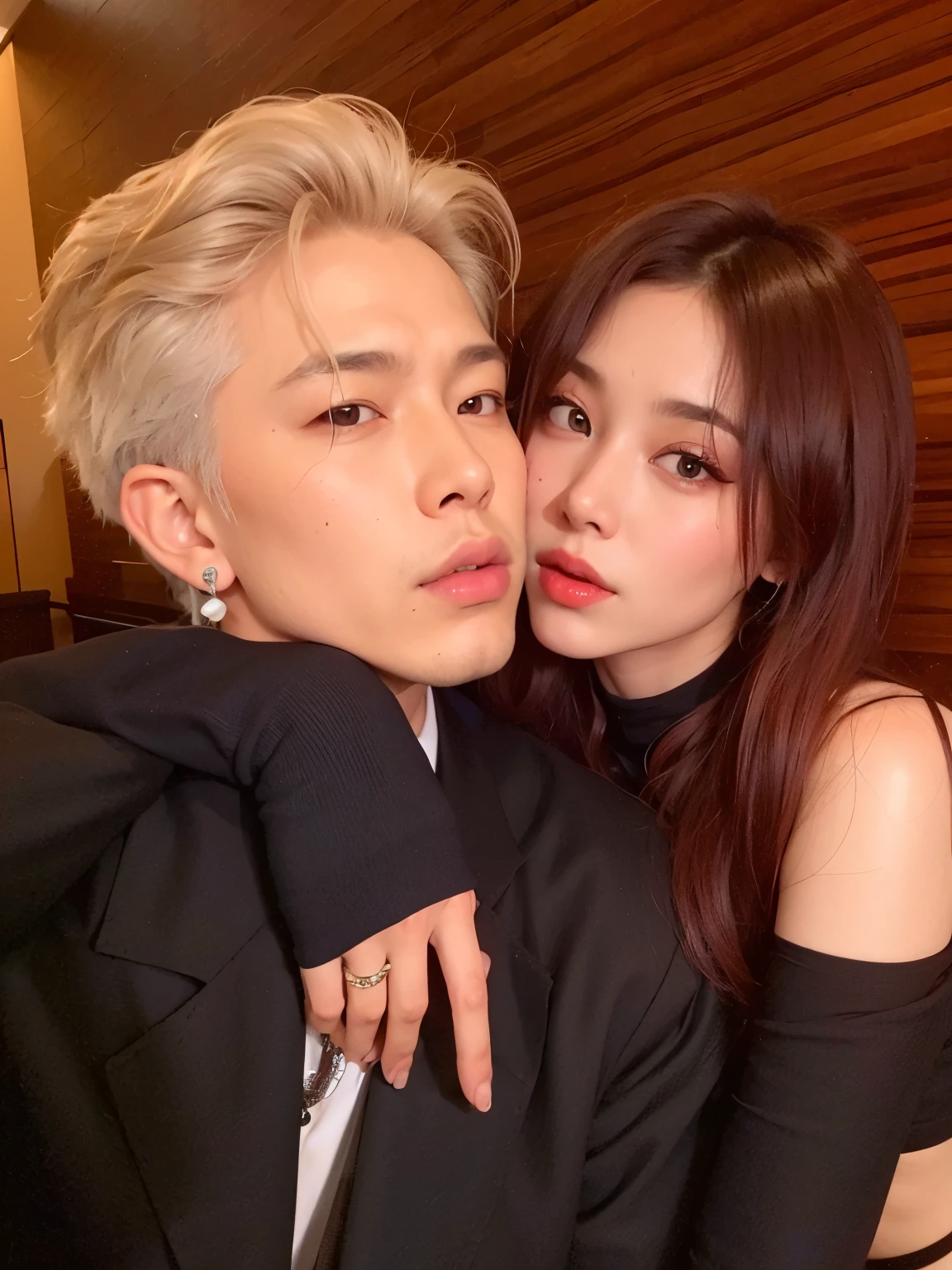 Araffe y una mujer de pelo rubio y traje negro, nixeu y sakimichan, cai xukun, con negro, con hiedra, kim doyoung, TaeJune Kim, estan cerca el uno del otro, pose de pareja, kda y sam que, sol yunjoo, jia, sha xi, ambos tienen labios rojos