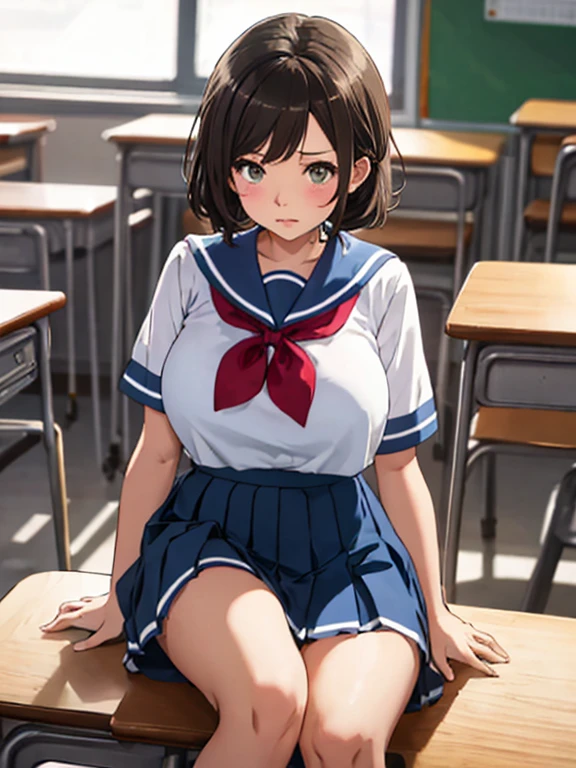 highest quality,masterpiece, High resolution, 8K,  detailed background、Beautiful teenage girl、(1 woman),cute hairstyle、cute hair color、perfect body、huge breasts、sexual expression、white sailor suit、Light blue sailor color、(Light blue pleated skirt)、bright colored knee high socks、classroom、thick thighs、sitting、She gets angry and lifts her skirt to show her panties.