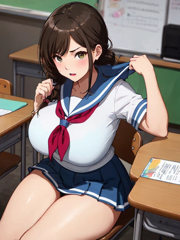 highest quality,masterpiece, High resolution, 8K,  detailed background、Beautiful teenage girl、(1 woman),cute hairstyle、cute hair color、perfect body、huge breasts、sexual expression、white sailor suit、Light blue sailor color、(Light blue pleated skirt)、bright colored knee high socks、classroom、thick thighs、sitting、She gets angry and lifts her skirt to show her panties.