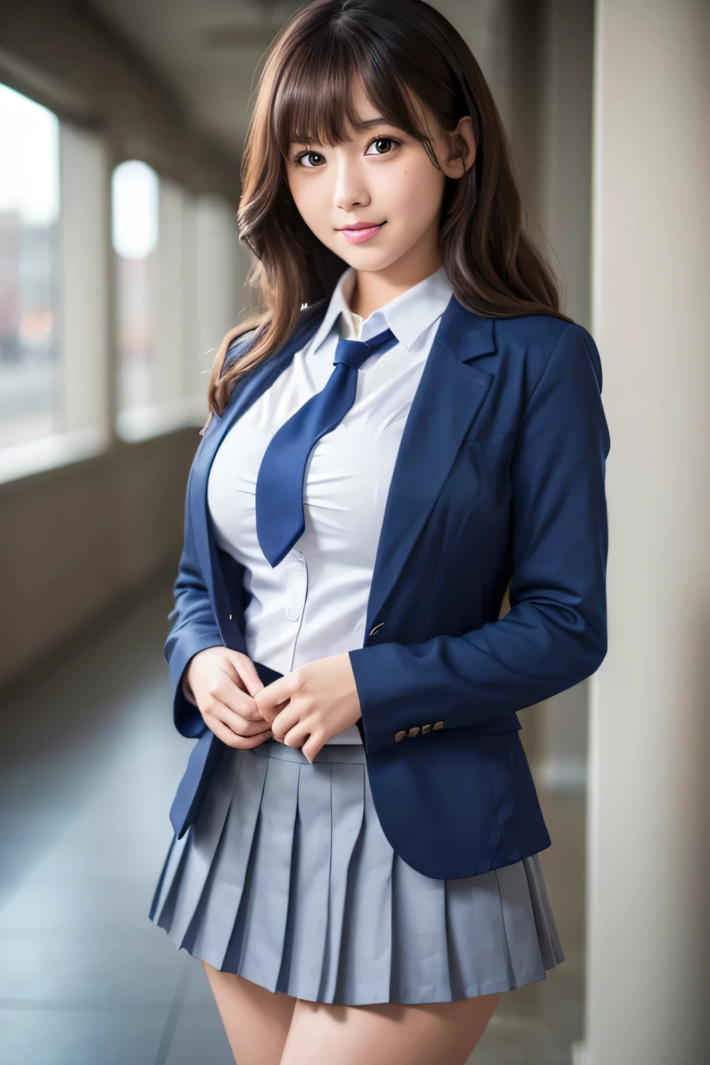 8K, highest quality, real image, intricate details, Super detailed, ultra high resolution, depth field,(realistic,realistic:1.2), frontal shot , From the middle , 1 girl, eye_Chan, very beautiful 17 year old girl, innocent big eyes,、beautiful breasts:1.5、非常に詳細なeye:1.2)、(beautiful breasts:1.1)、wavy hair、curly hair、bangs、, perfect skin, Fair skin, cleavage, tight waist, huge breasts、light blush, alone、 looking at the viewer, light smile, ((School_uniform),(dark blue blazer), (white shirt、Wearing a tie), (gray pleated skirt), (sculpture installation :1.1)、High School Hallway