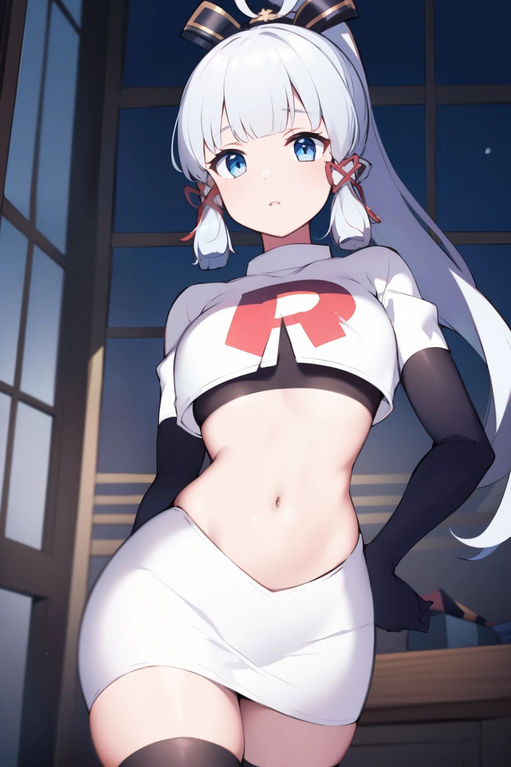 (masterpiece, best quality, ultra-detailed, illustration),genshin impact, kamisato, 1girl,solo,ayaka hair ornament,cowboy shot,ponytail, blunt bangs,blue eyes, eyebrows visible through hair, long hair, silver hair, looking at viewer,medium breasts,team rocket,team rocket uniform,white skirt,crop top,black thigh-highs,black elbow gloves,,