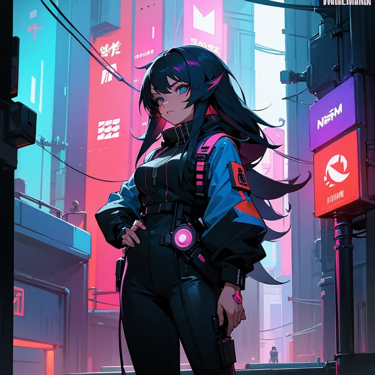 Beautiful Filipina futuristic cyberpunk hacker in Philippines flag colors, standing in the streets of neon lit Tokyo at night, drawn in highly detailed comic style