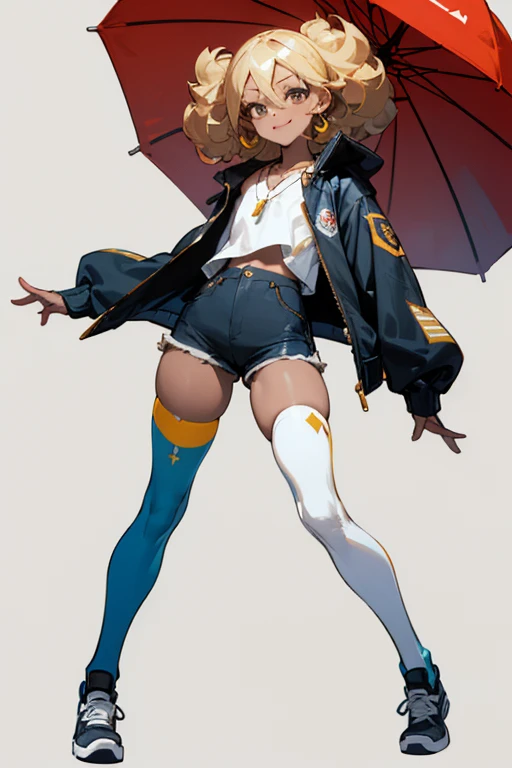 (Masterpiece: 1.5, best quality, high resolution: 1.3, super resolution, super detailed, ultra detailed: 1.3, rich background: 1.2, 1 woman)) tanned skin + blonde hair + curly fluffy hair + gray eyes + long eyelashes + small chest + wide hips + thick thighs (oversized shirt that covers up to her thighs, thigh-high stockings, shorts, jacket, vans shoes, simple short necklace, long necklace with an emblem) ((smiles, turning to look, bottom from a busy street)) (colors for clothing and accessories: yellow, black, white, cream, red, light blue)