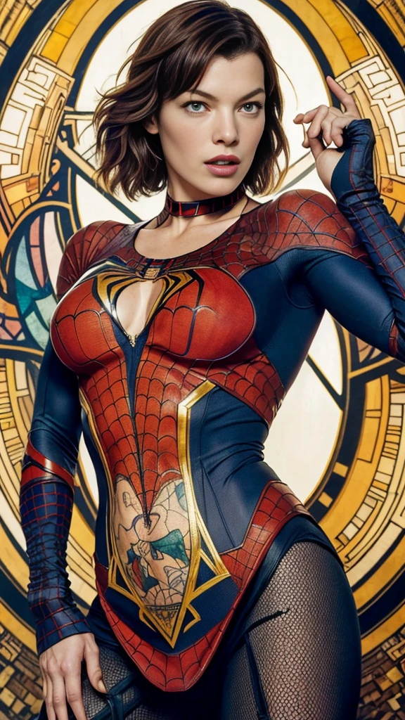 milla jovovich、Sticking out the navel、newyork、She wears a torn Spider-Man suit,wearing a skirt、abstract photorealistic、artistic、Alphonse Mucha's painting(masterpiece、highest quality、High resolution:1.4)、detailed、複雑なdetailed、In 4K、color splash、line drawing、fibonacci、