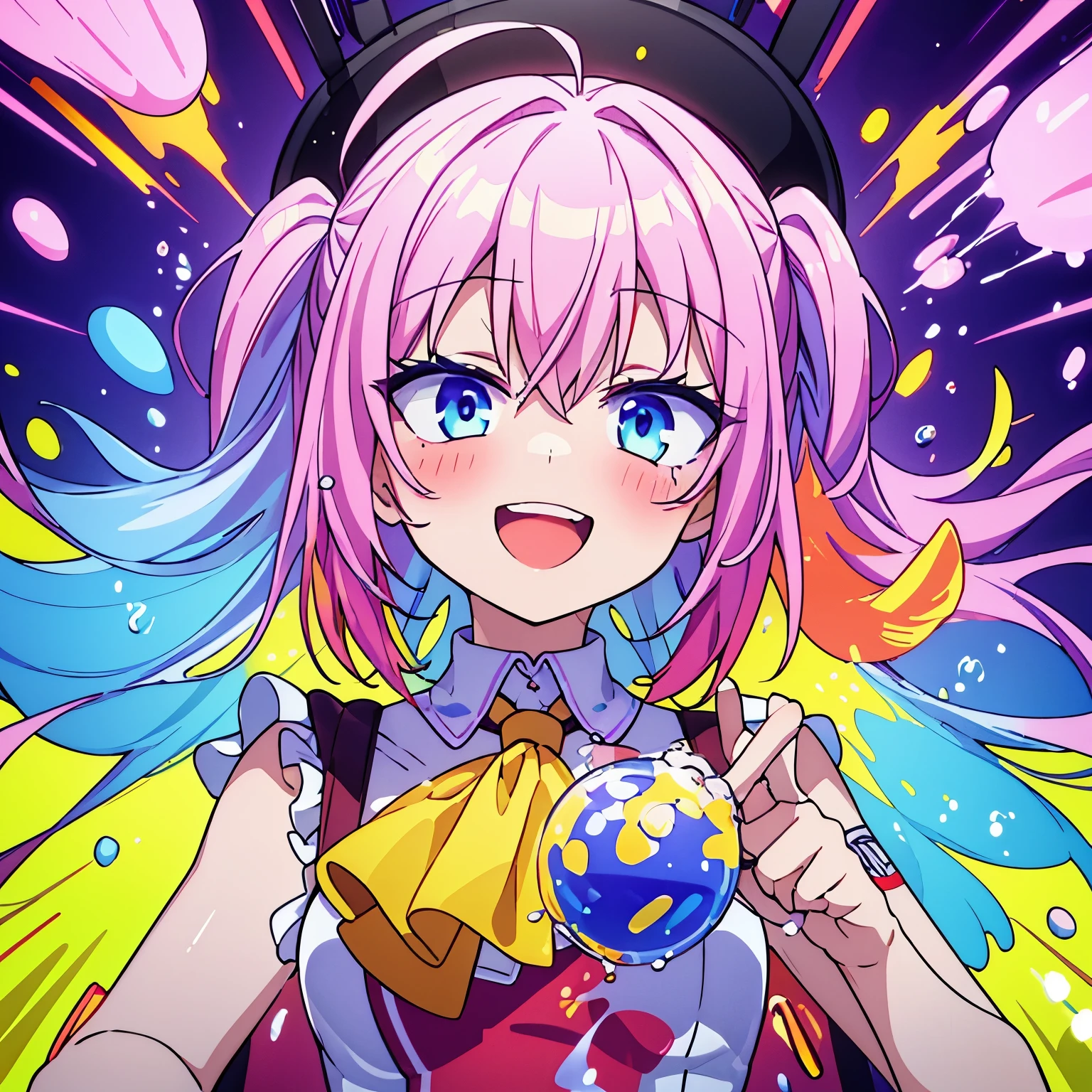 Сплеш-Art, Absurdism, yellow-red-lilac hair, Neon Outline, Bubbles, soapy water, splatter, drops, open mouth, smile, White teeth, ordered eyes, strong blush, Art, world, PIN-AP, masterpiece , Hyper detail,