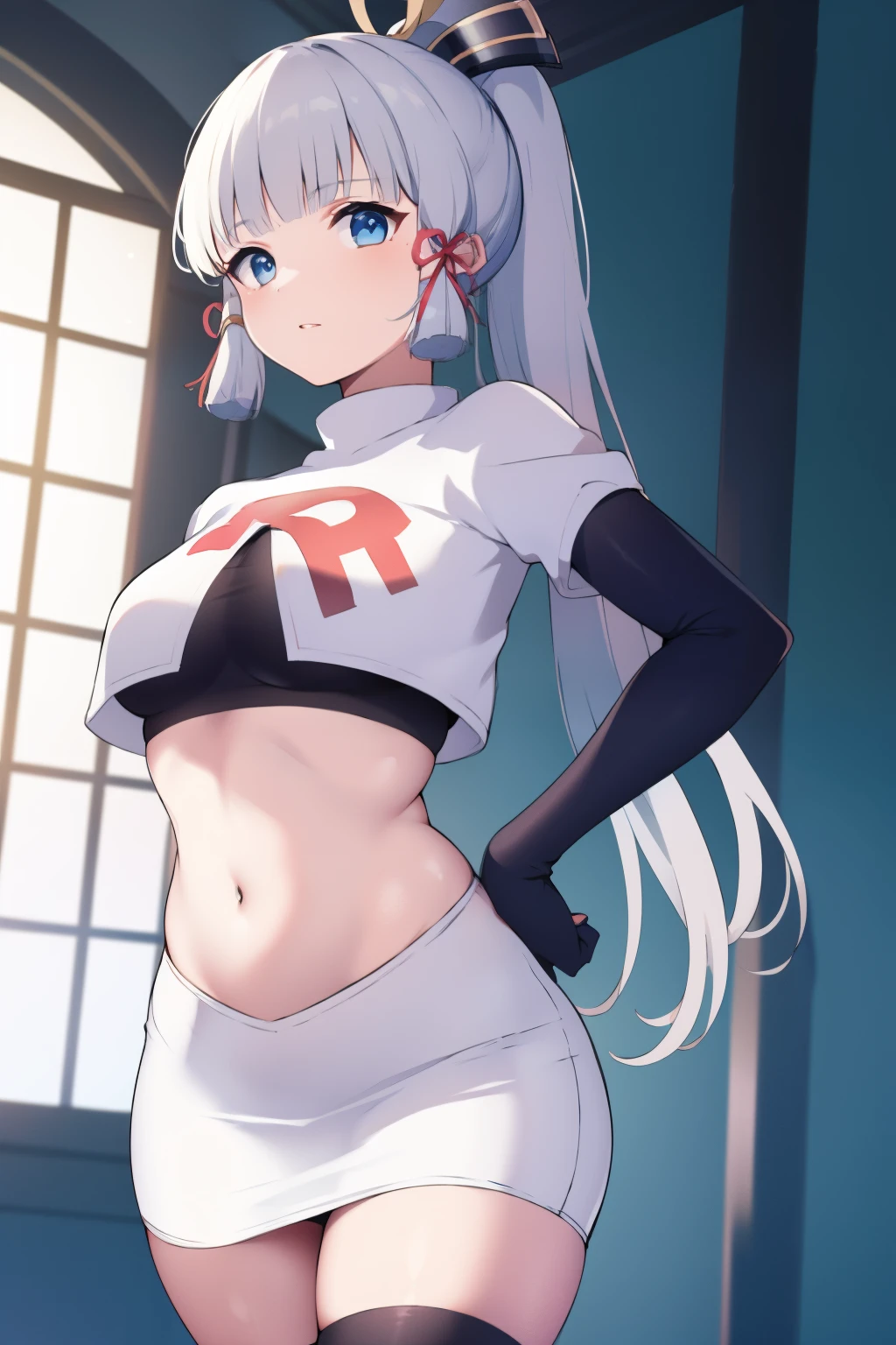 (masterpiece, best quality, ultra-detailed, illustration),genshin impact, kamisato, 1girl,solo,ayaka hair ornament,cowboy shot,ponytail, blunt bangs,blue eyes, eyebrows visible through hair, long hair, silver hair, looking at viewer,medium breasts,team rocket,team rocket uniform,white skirt,crop top,black thigh-highs,black elbow gloves,,